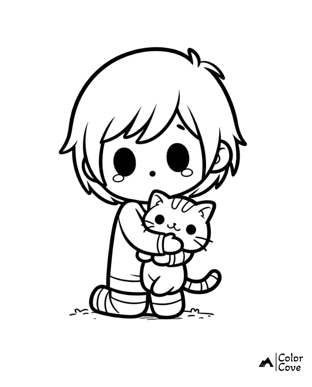 Cute coloring page of a child hugging a kitten. Perfect for kids to color. Download free printable at Color Cove.