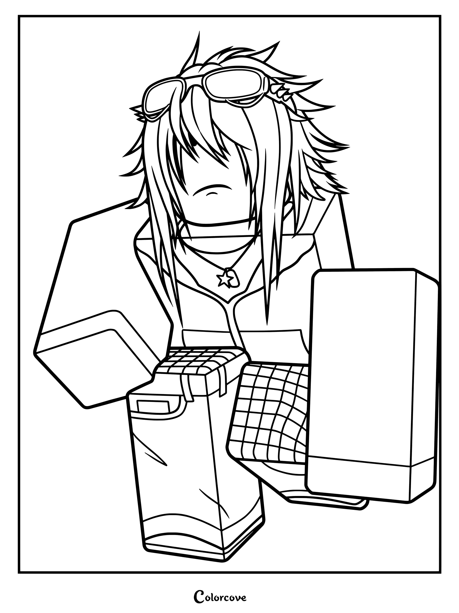 5D1A4B Spiky hair, goggles, star necklace, hoodie, and plaid pants.