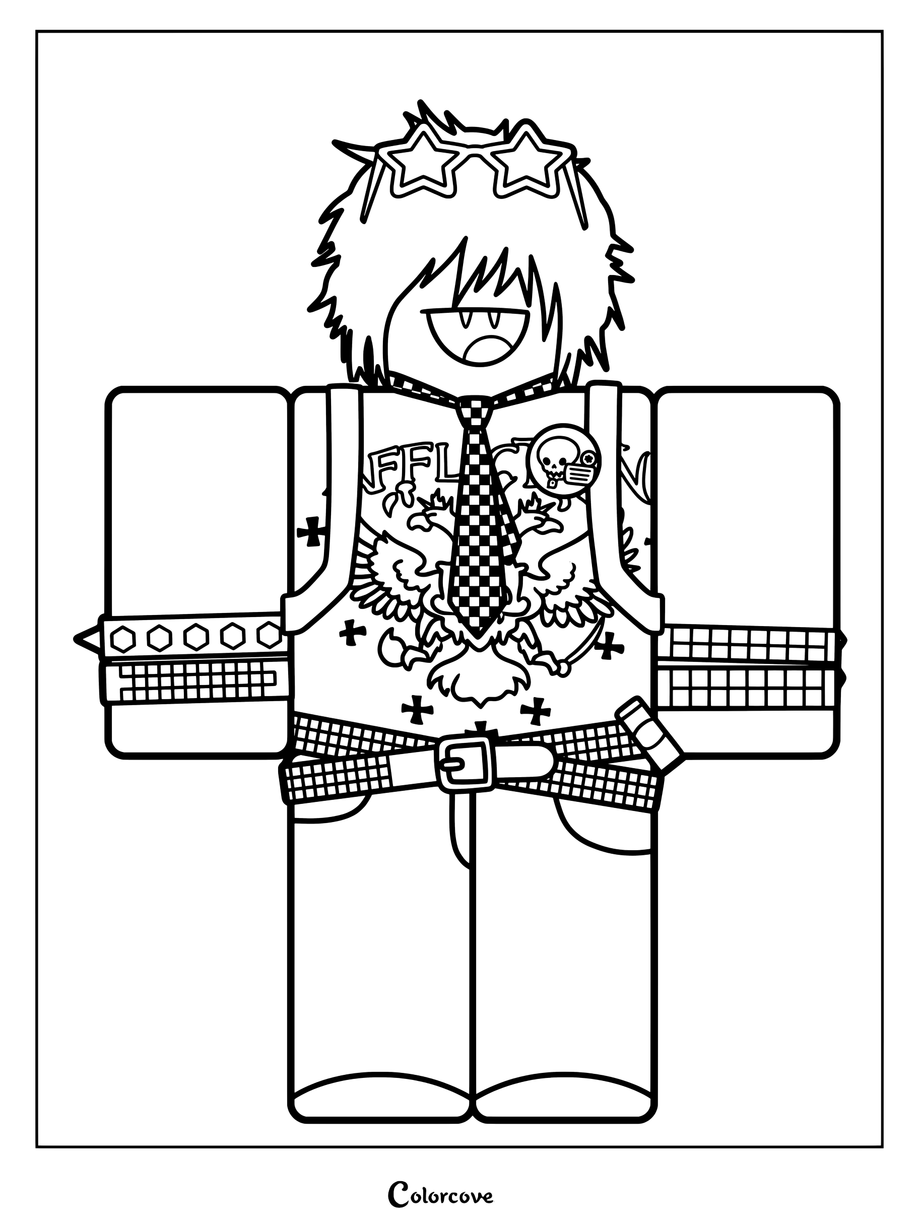 66F12E Spiky hair, star glasses, graphic tee, checkered tie, studded accessories.
