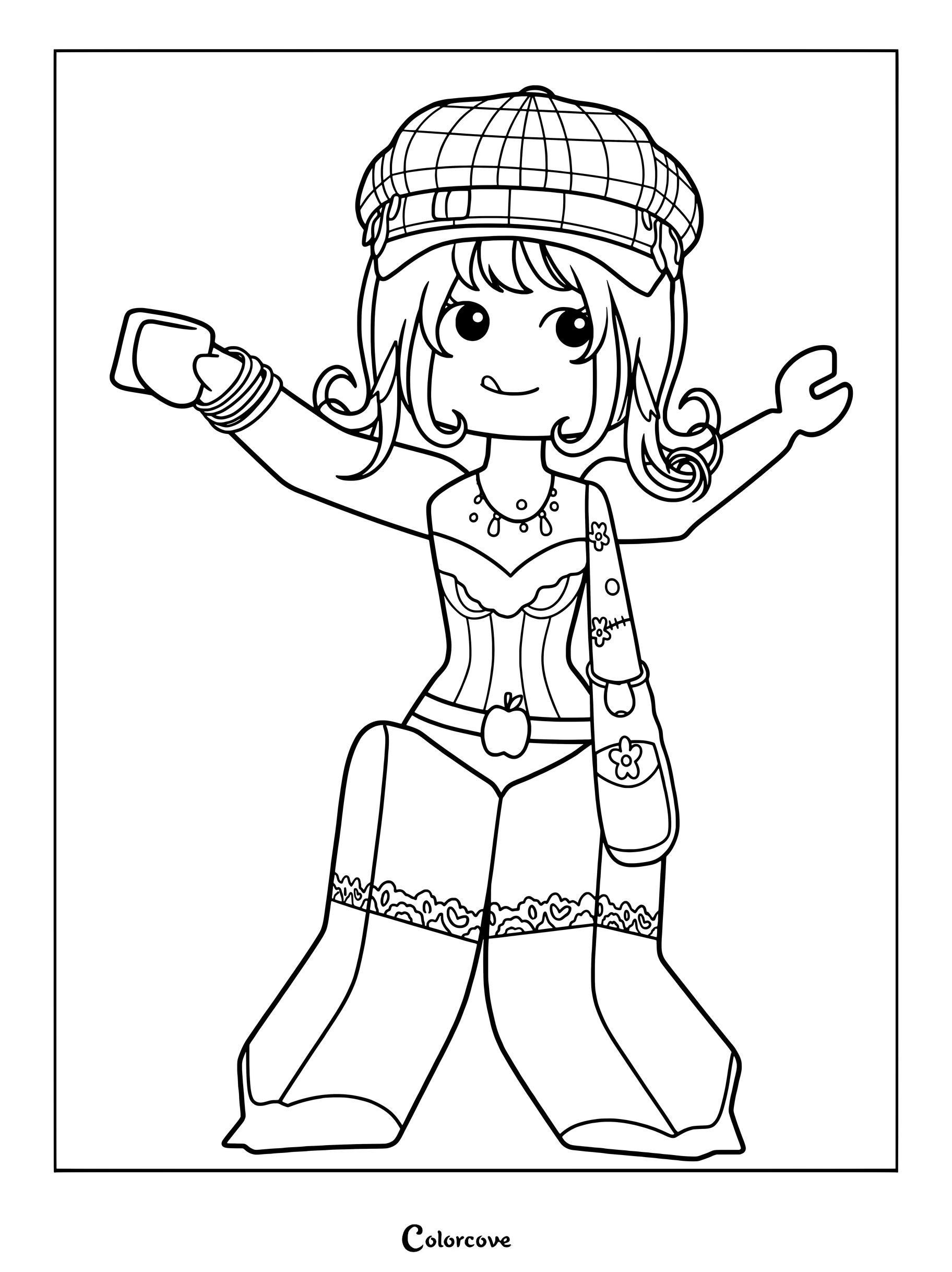 67C53F wearing a plaid hat, corset top, and wide-leg pants.