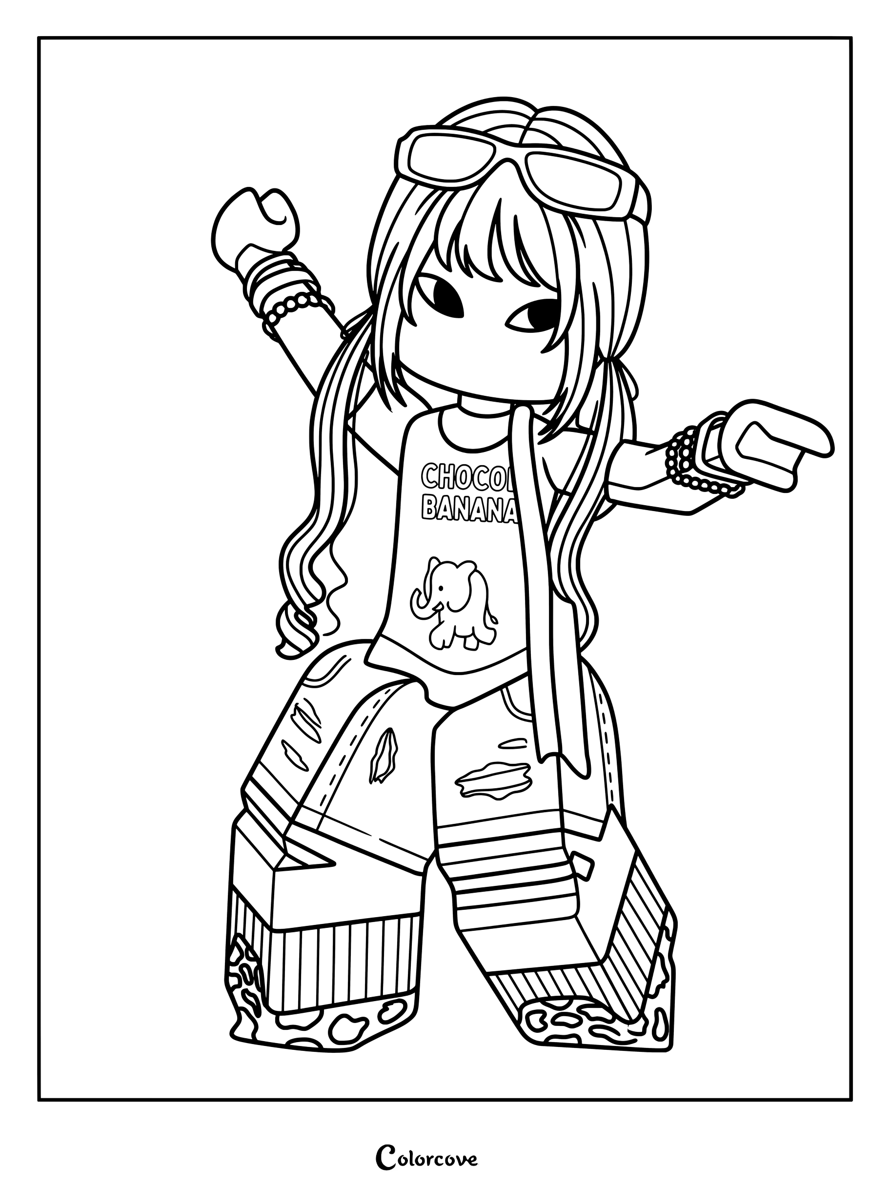 COLORI girl with long hair, sunglasses, elephant shirt, ripped jeans.