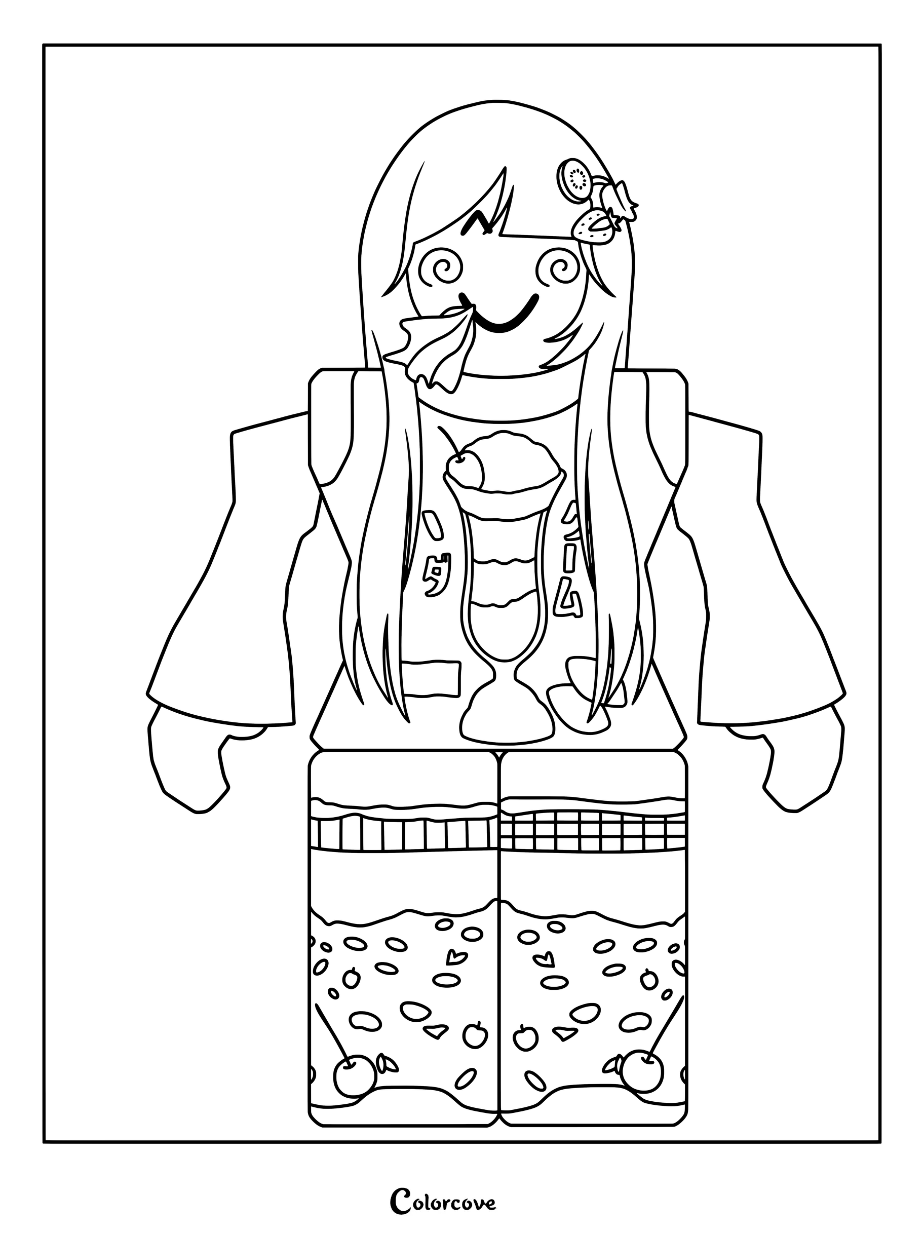 6E9189 A figure with fruit hair clips, sundae shirt, patterned leggings.