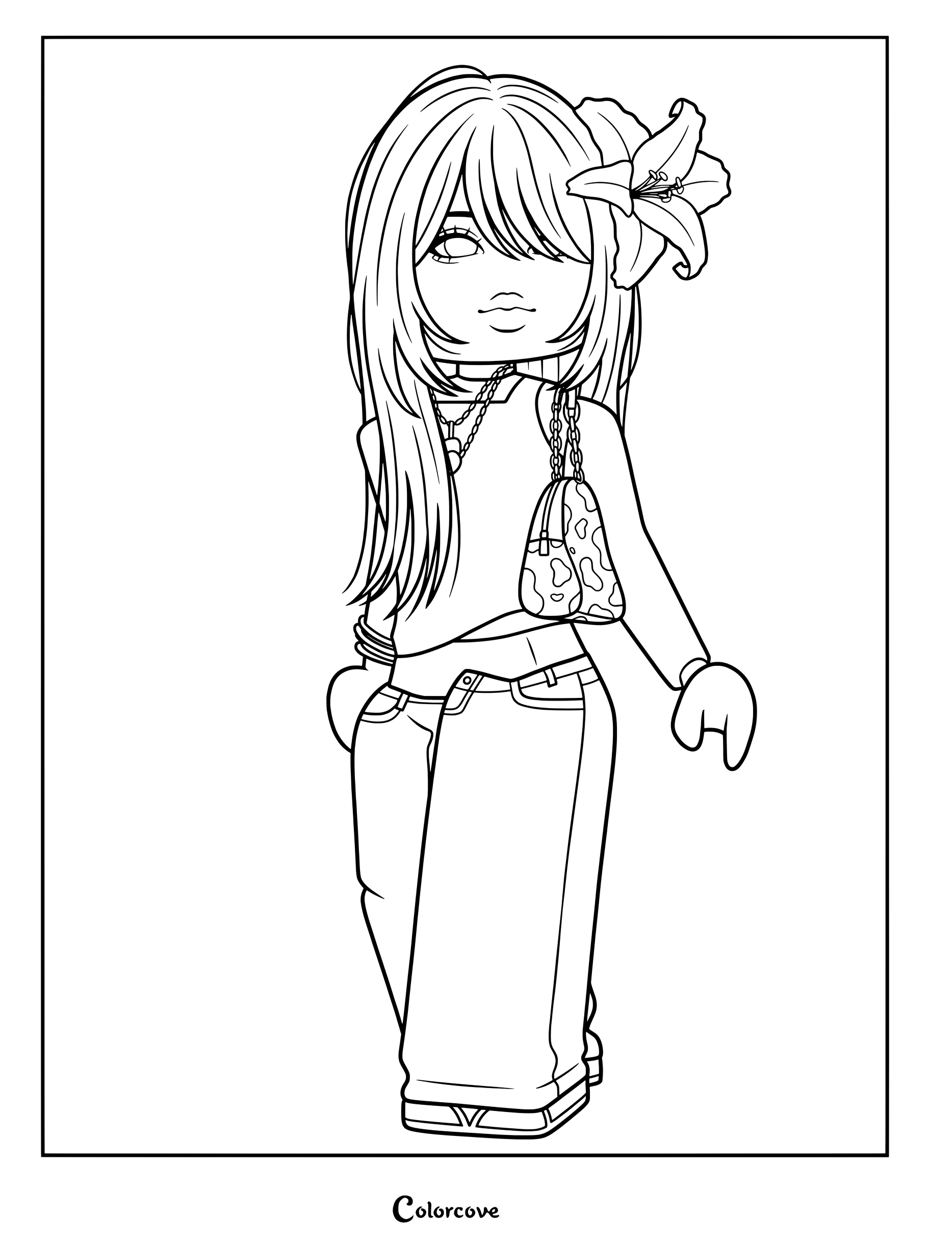 6E91A1 A girl with a flower hair accessory, long hair, layered necklace, cow print bag, and wide-leg jeans.