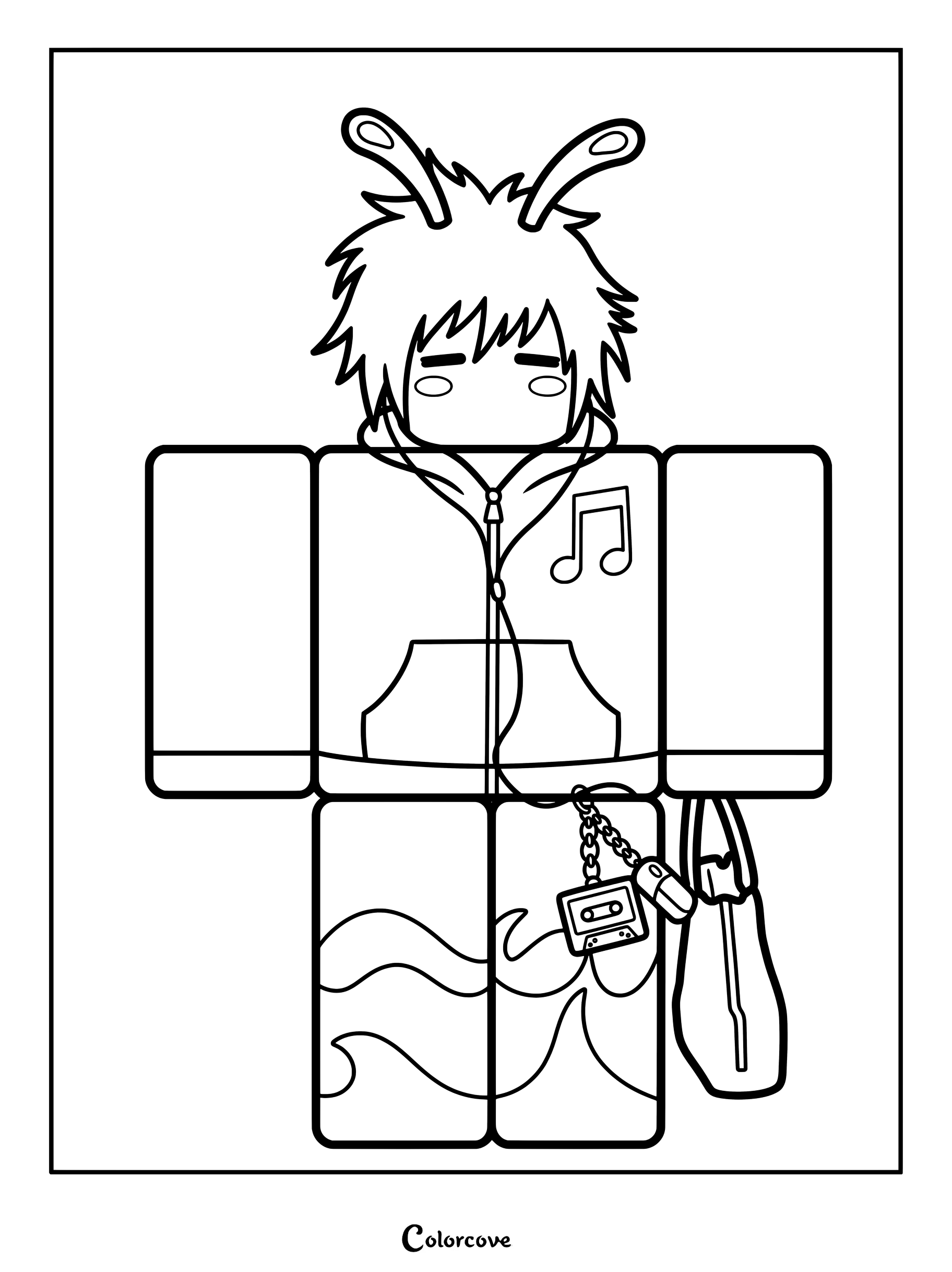 COLORI spiky hair with antennae, music hoodie, cassette accessory, pants.