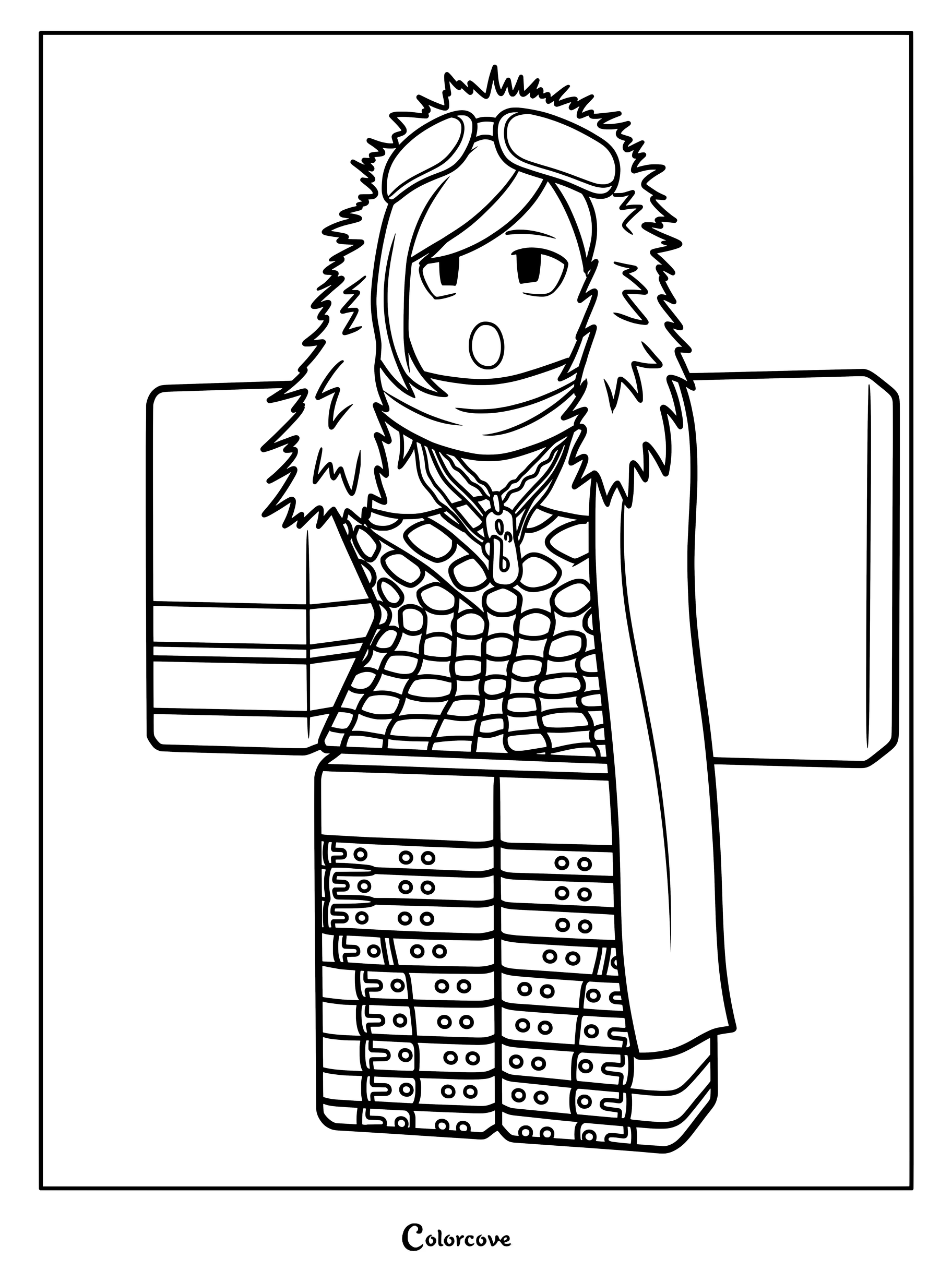 7F2FA3 wearing a fur-lined hood, goggles, plaid top, and buckled pants.
