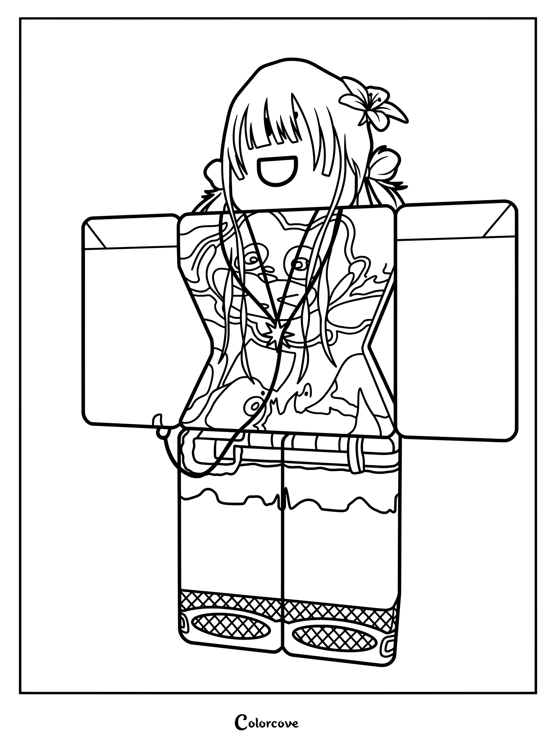 647DB1 wearing a floral hair accessory, patterned top, and fishnets.