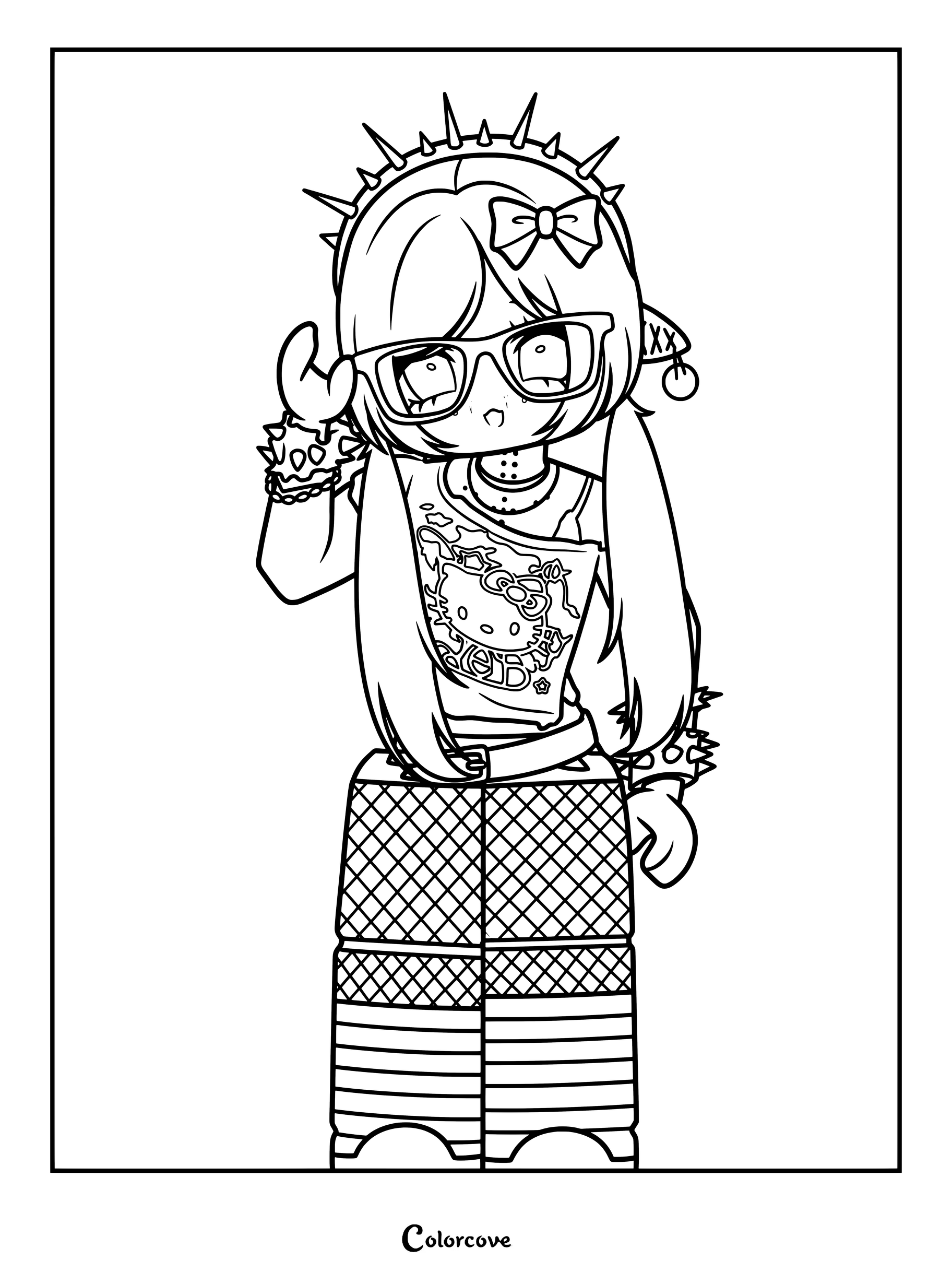 8A8156 A coloring page featuring a spiky headband, glasses, a graphic tee, fishnet leggings, and striped socks.