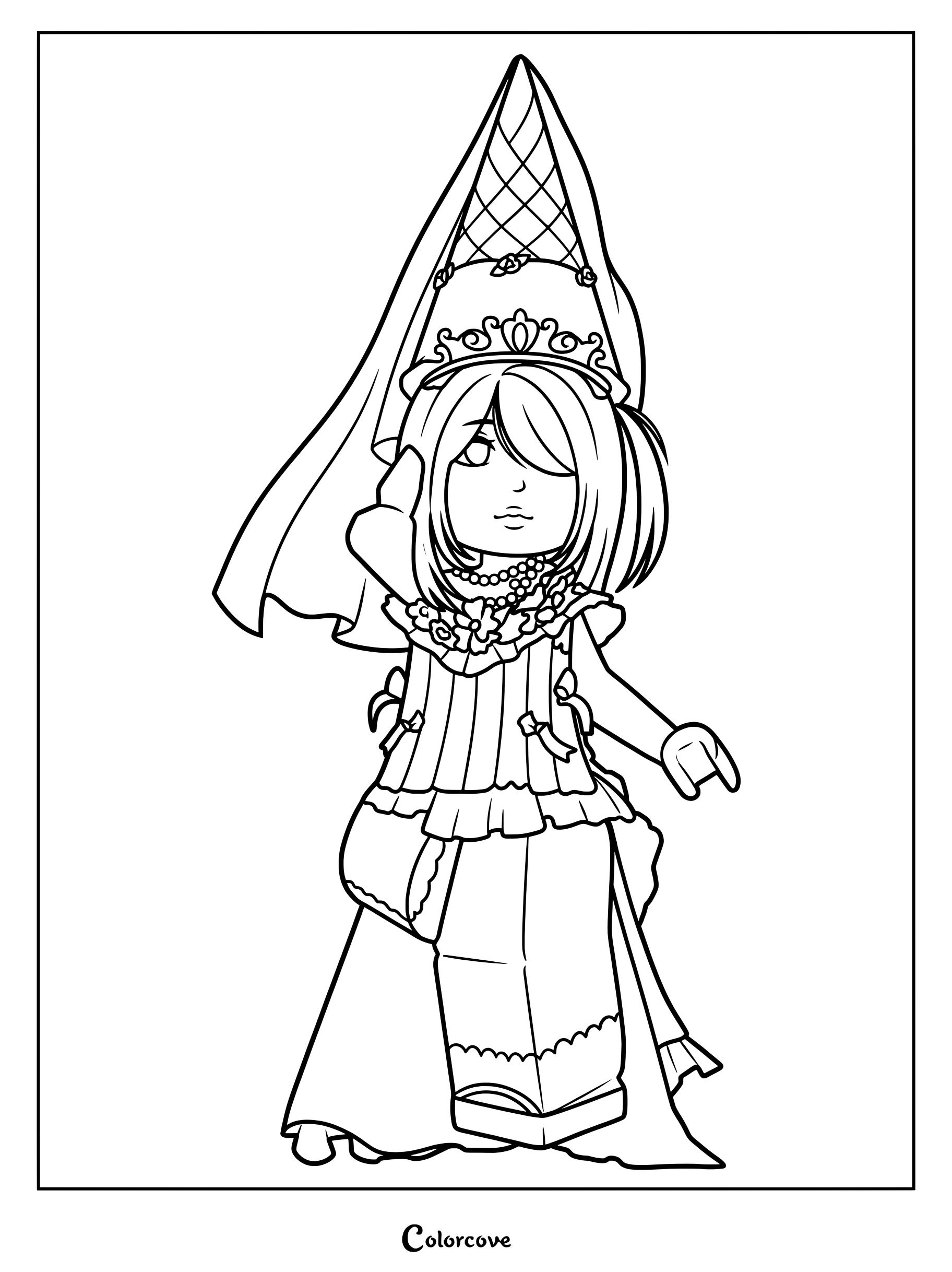 95226E wearing a tall pointed hat, veil, crown, and gown.