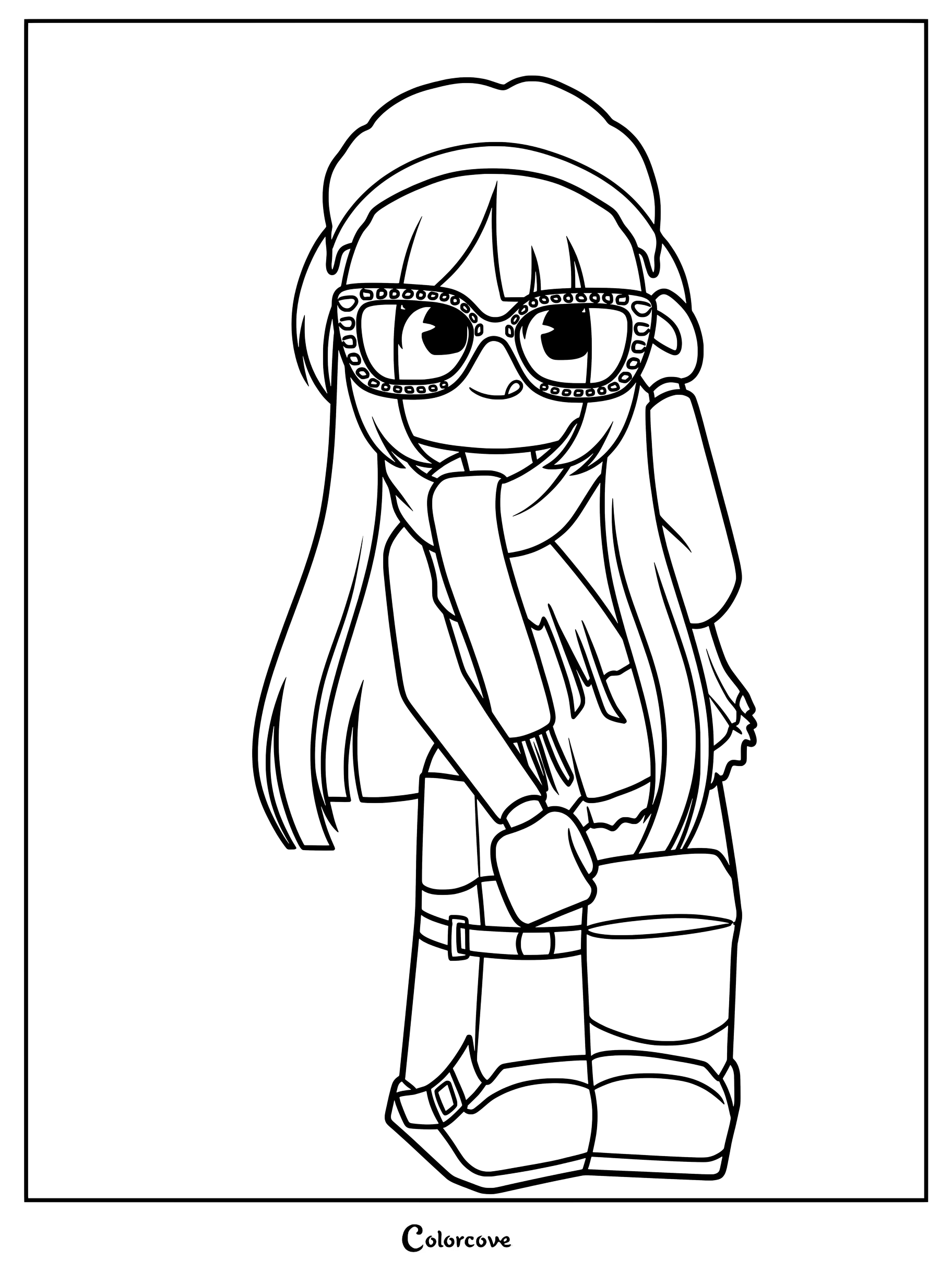 9522CE wearing a beret, scarf, glasses, and buckled boots.