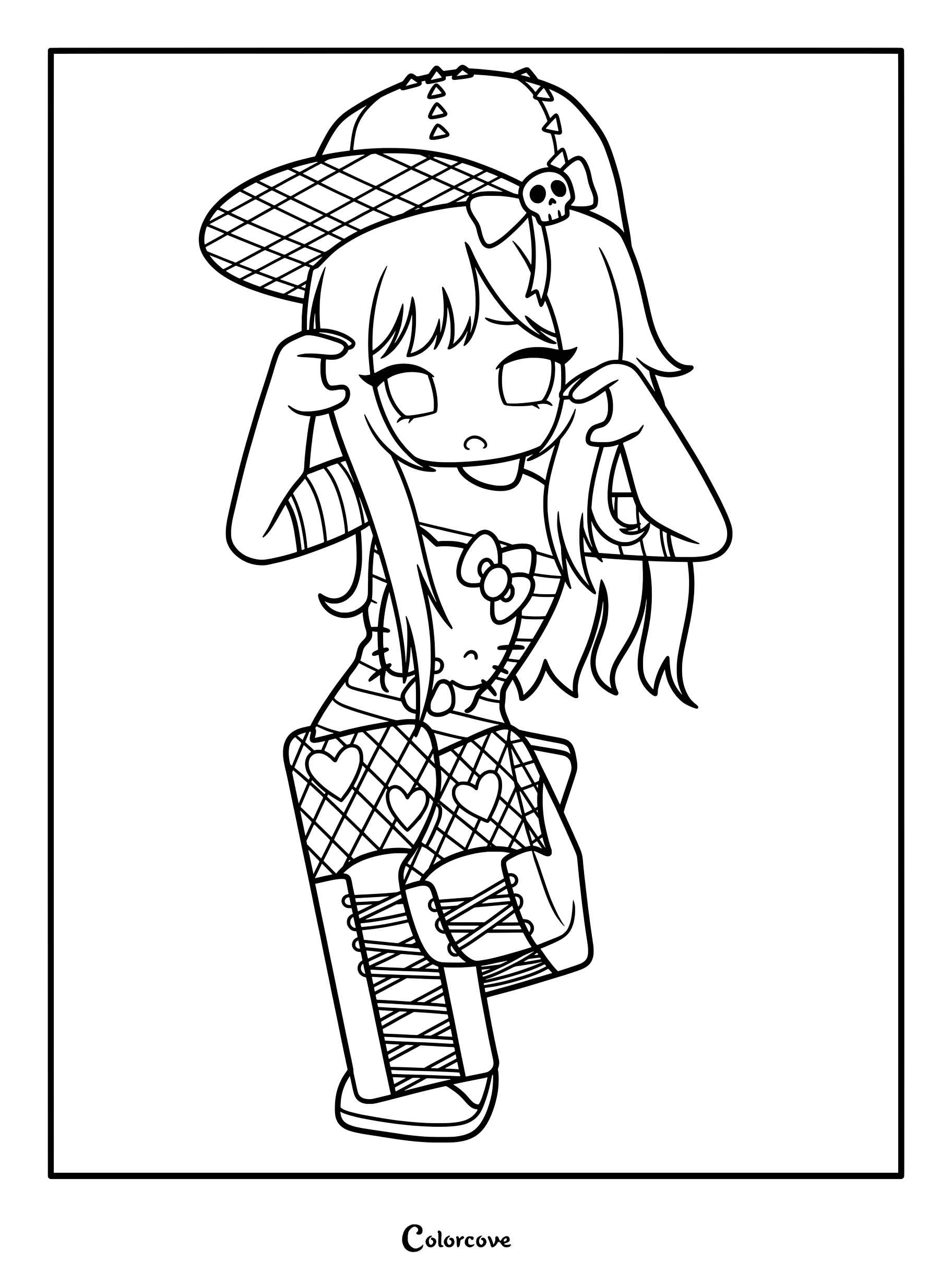 953BD8 anime girl wearing a skull cap, striped top, and heart-patterned fishnets with lace-up boots.