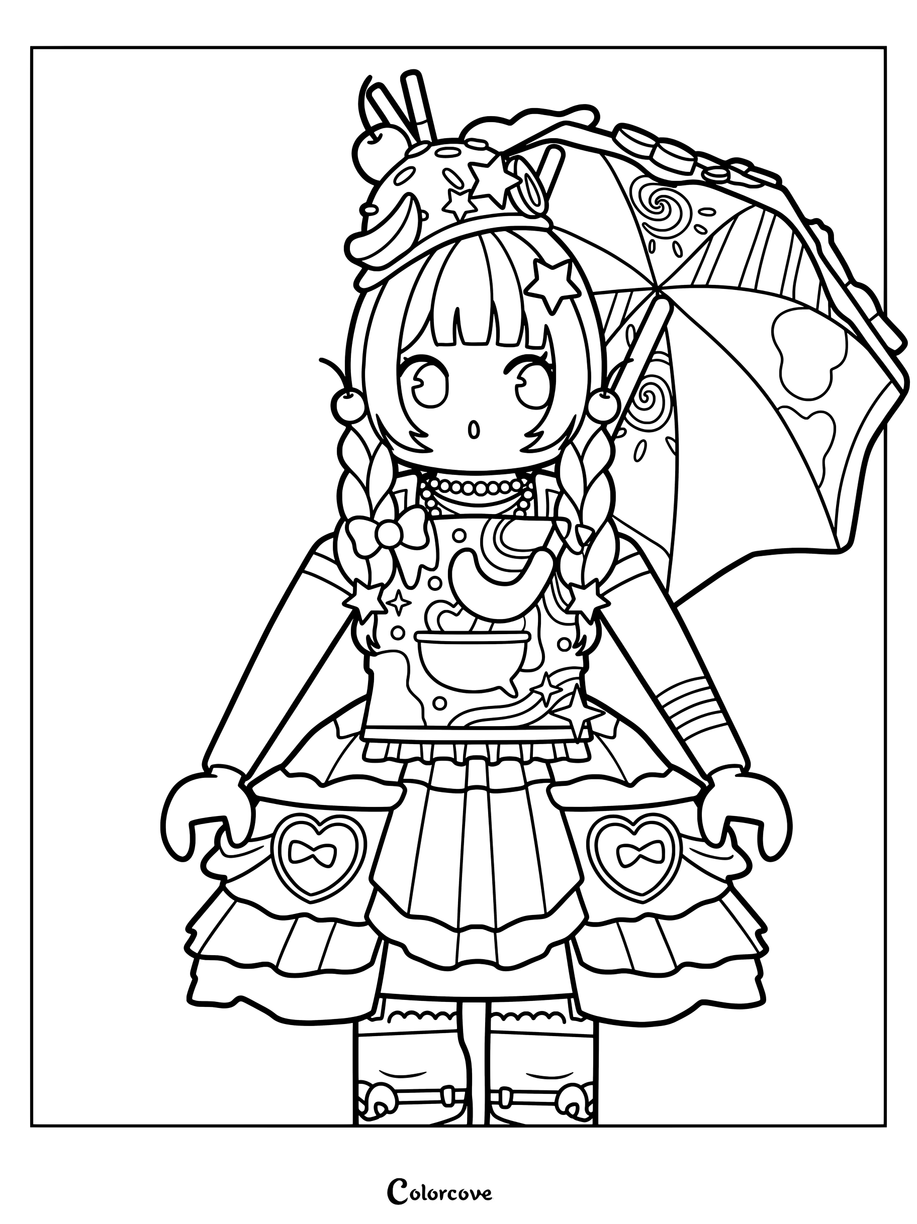A130E7 wearing a sundae hat, frilly dress, and holding umbrella.