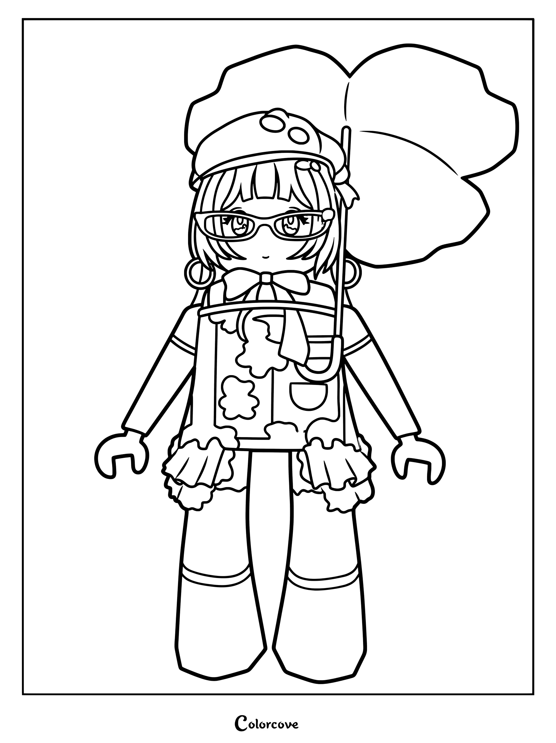 A171E8 wearing a beret, glasses, ruffled top, and holding umbrella.