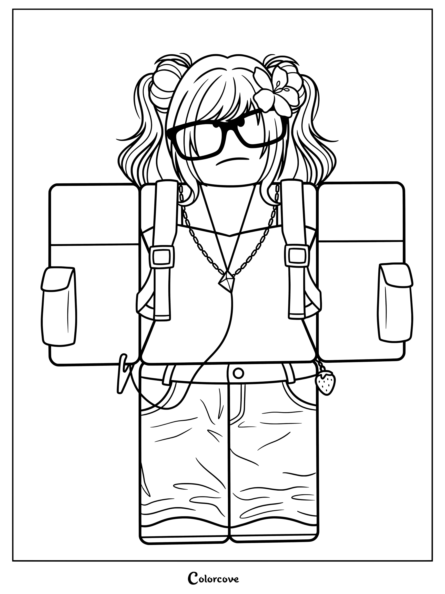 138492 girl with pigtails, glasses, backpack, and strawberry charm.