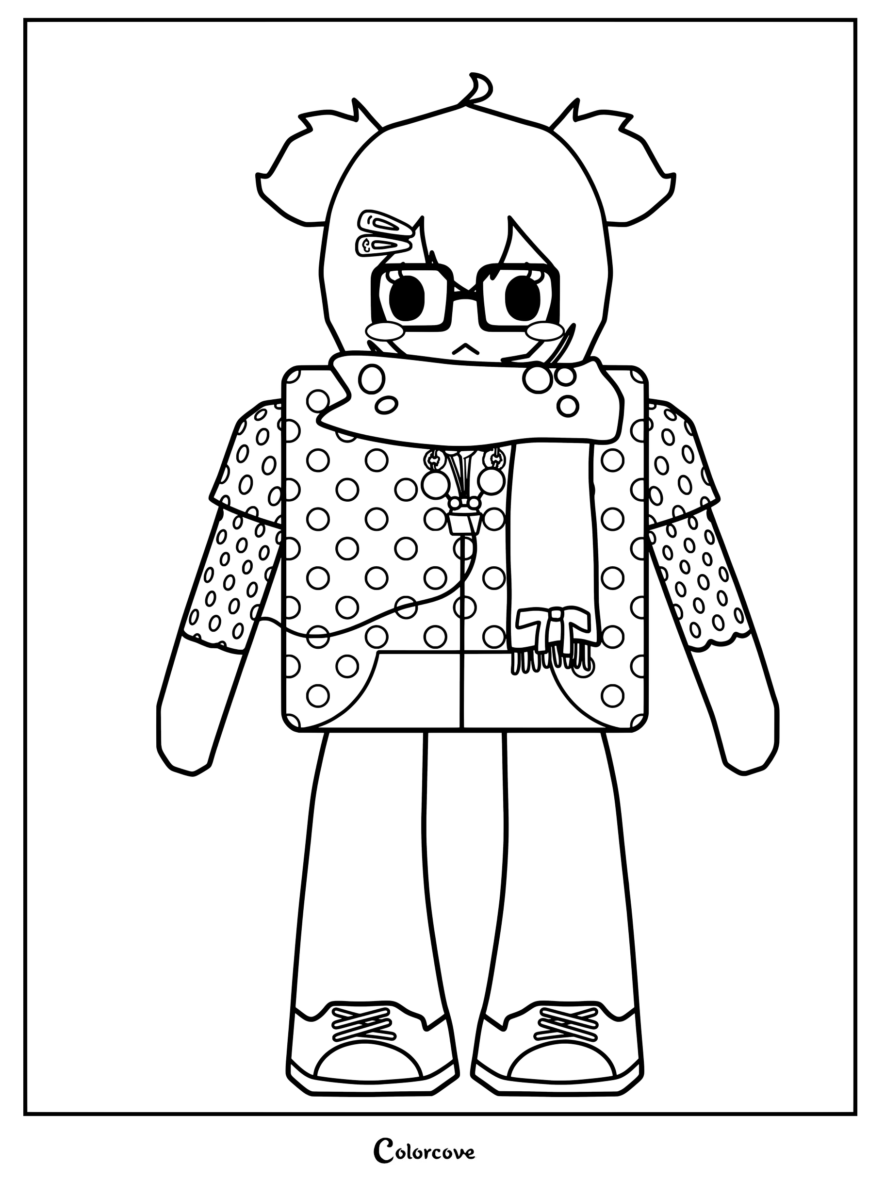 B665O8 wearing a polka dot vest, scarf, glasses, and hair clips.