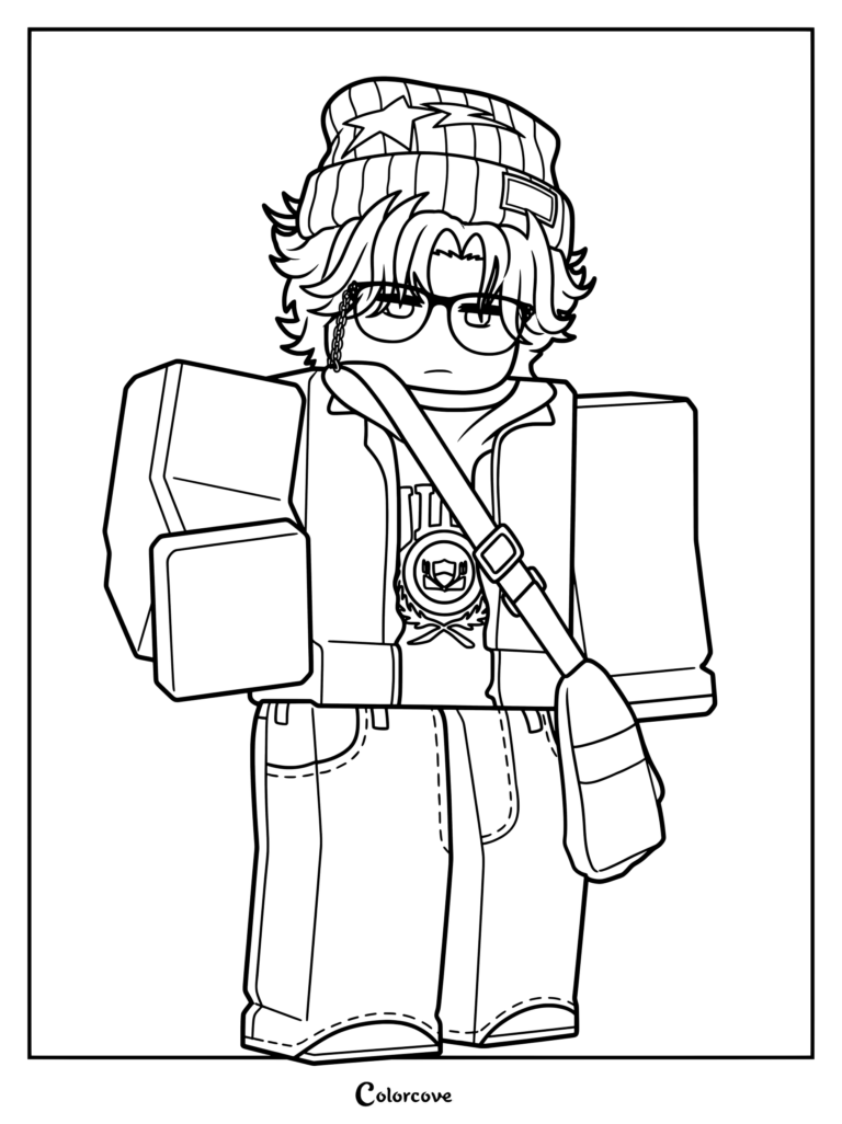 B77535 wearing a star beanie, glasses, hoodie, and crossbody bag.