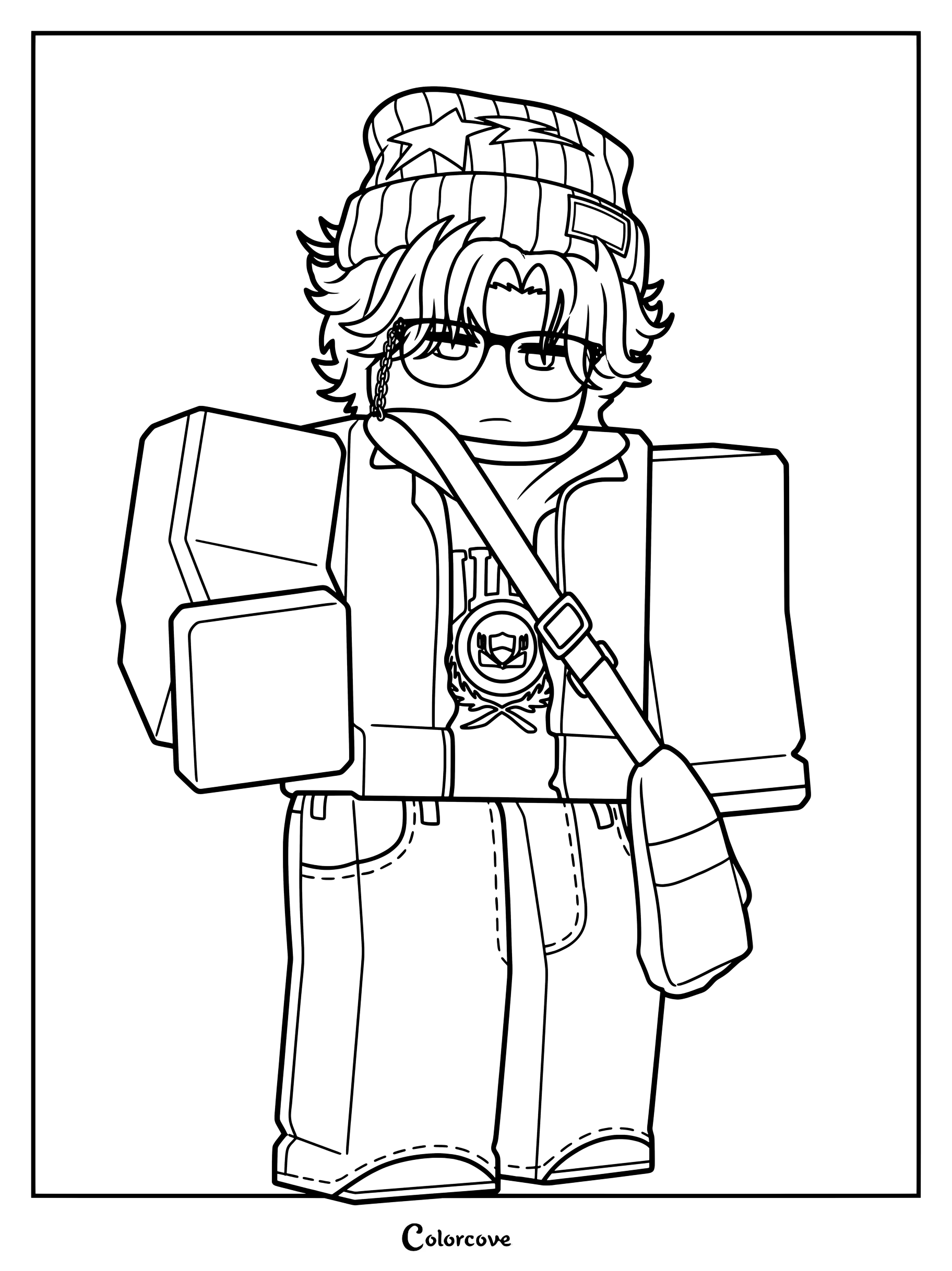 B77535 wearing a star beanie, glasses, hoodie, and crossbody bag.