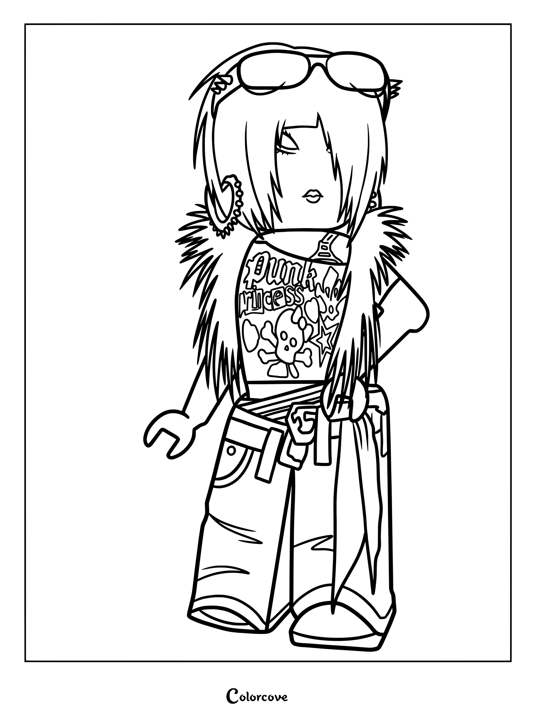 C05F3D punk princess top, fur collar, baggy pants, and sunglasses.