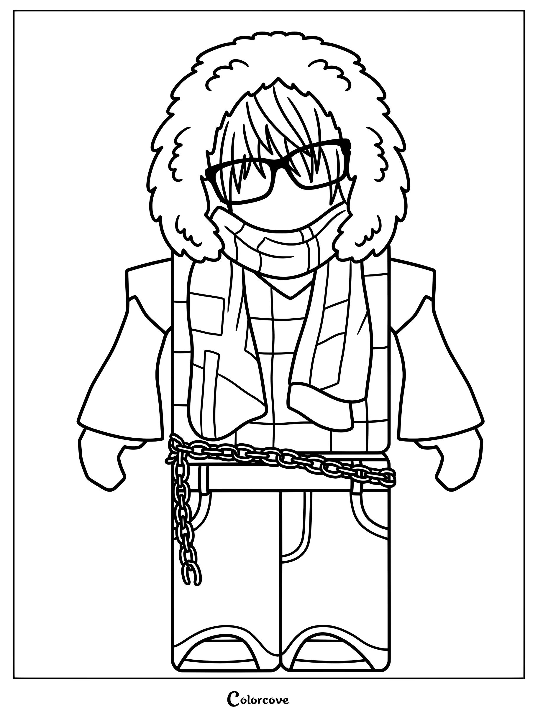 C05F44 wearing a fur-lined hood, glasses, scarf, plaid shirt, and chain belt.