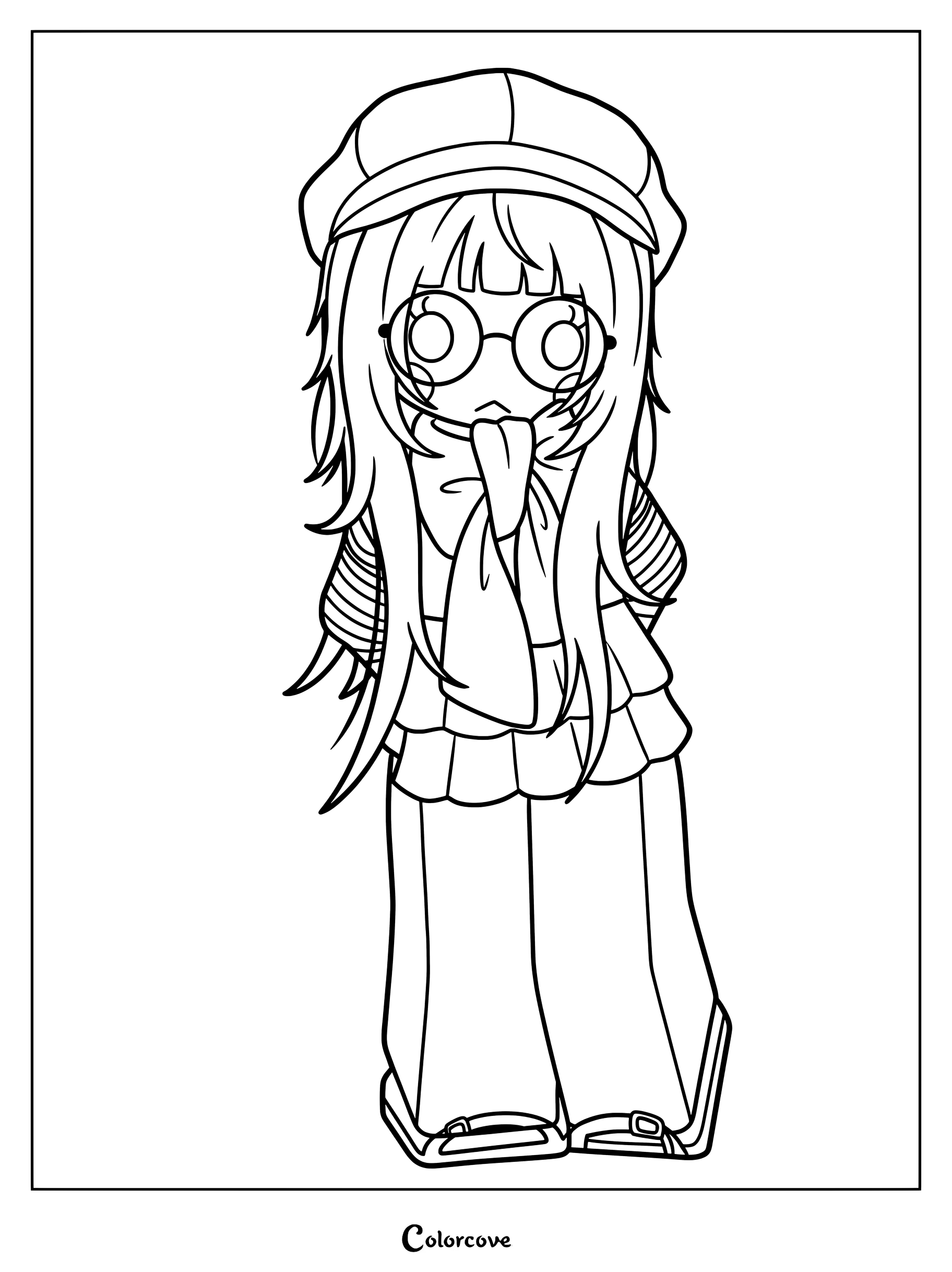 C41F67 wearing a newsboy cap, round glasses, scarf, and trousers.