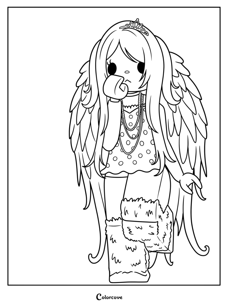 CO5EC6 wearing a polka dot top, large wings, and fur boots.