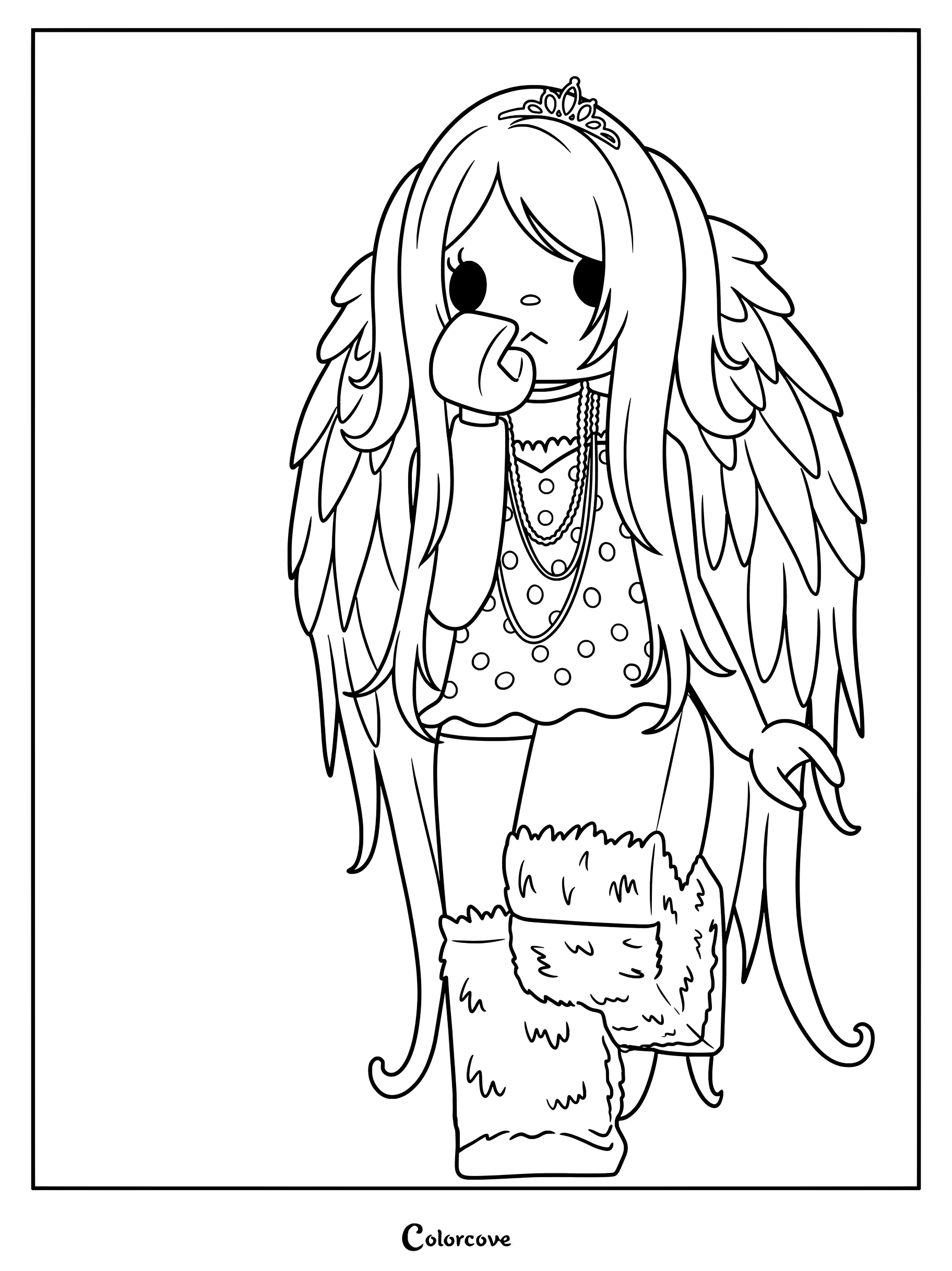CO5EC6 wearing a polka dot top, large wings, and fur boots.