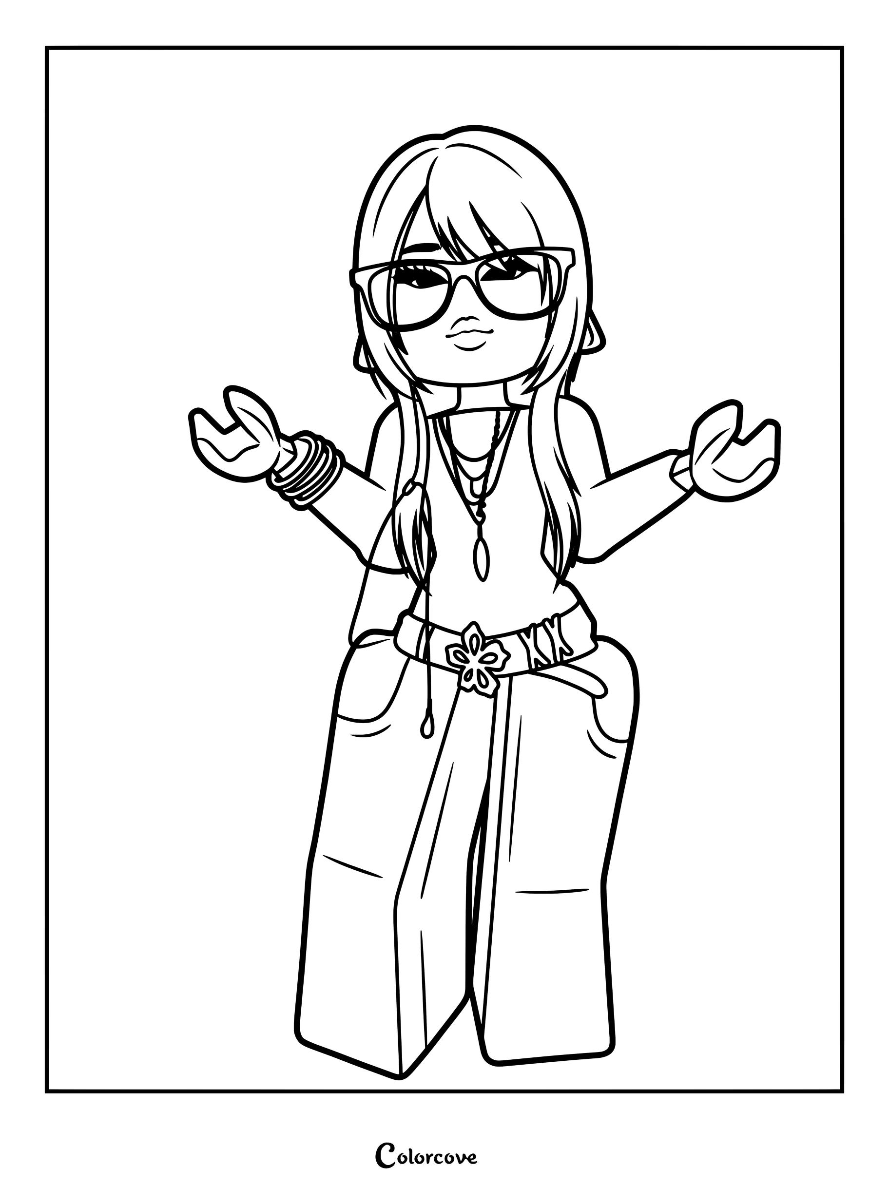 64AEFO wearing glasses, layered necklaces, bracelets, and wide-leg pants.