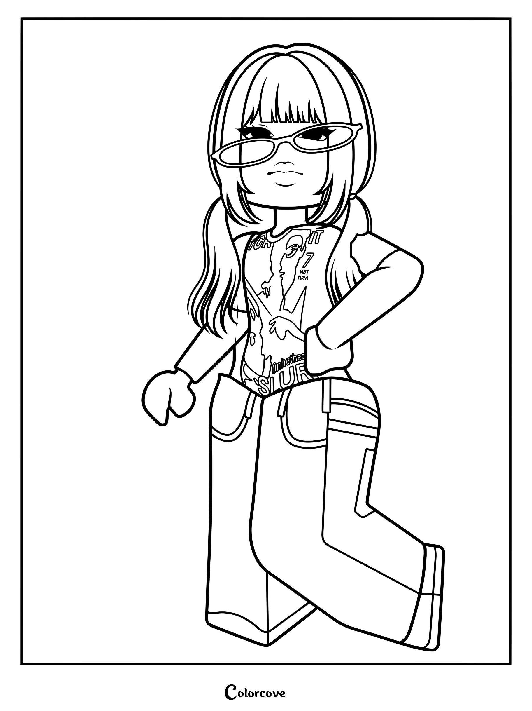 64BODA girl with pigtails wearing glasses, graphic tee, baggy jeans.