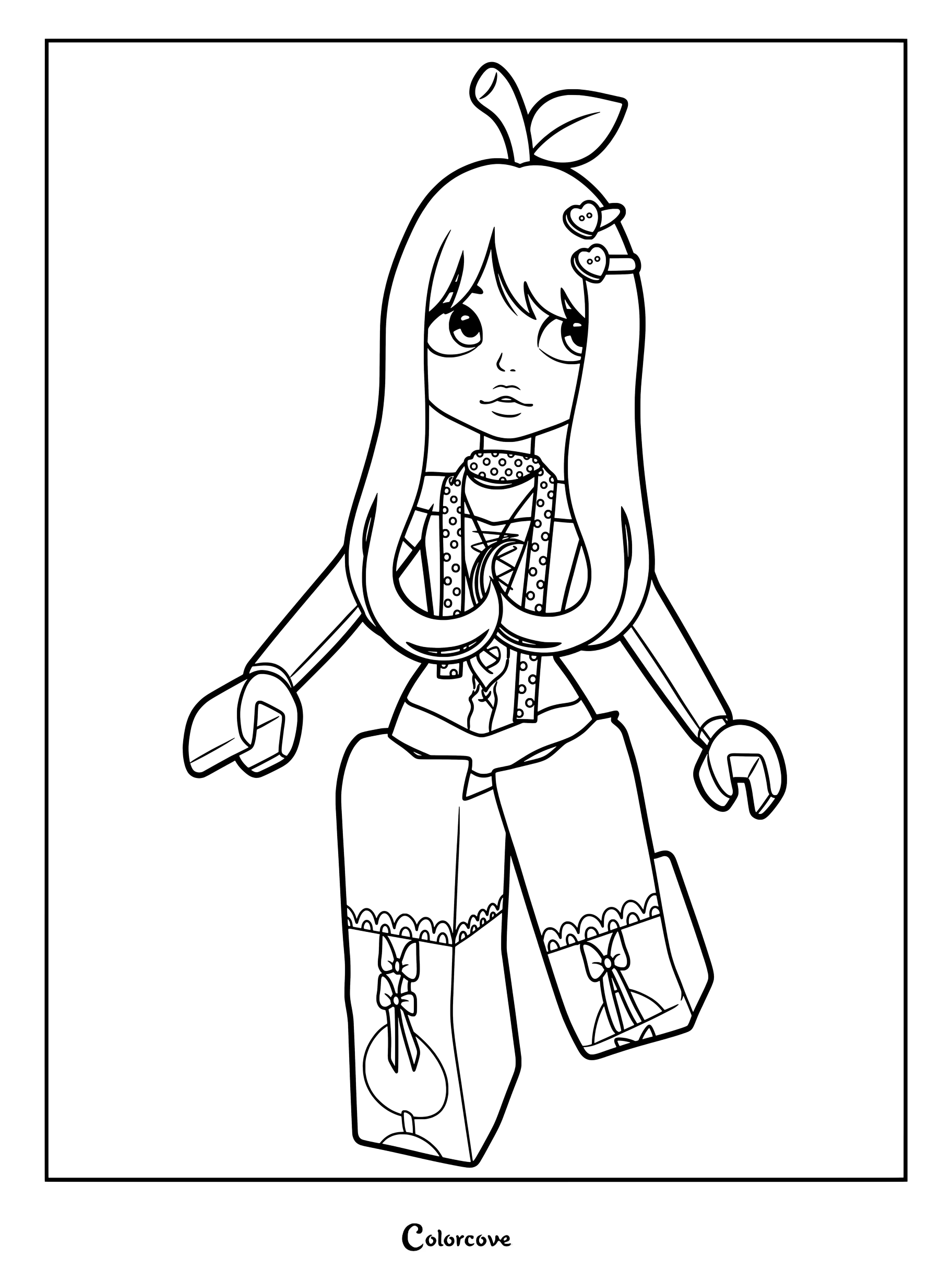 65B4BA girl with leaf hair accessory, polka dot scarf, and bow-adorned pants.