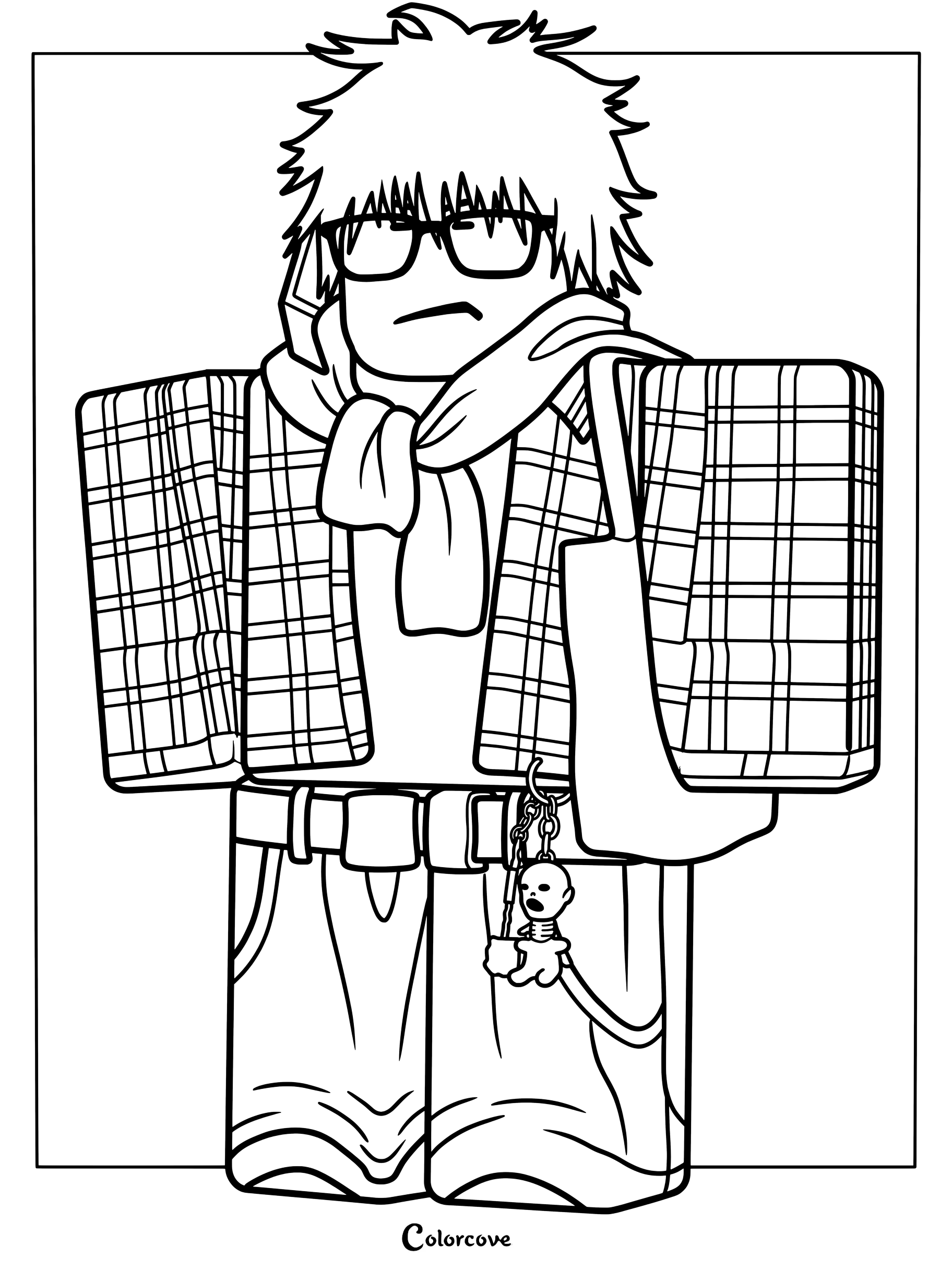 669463 person wearing plaid jacket, scarf, glasses, and skeleton keychain.