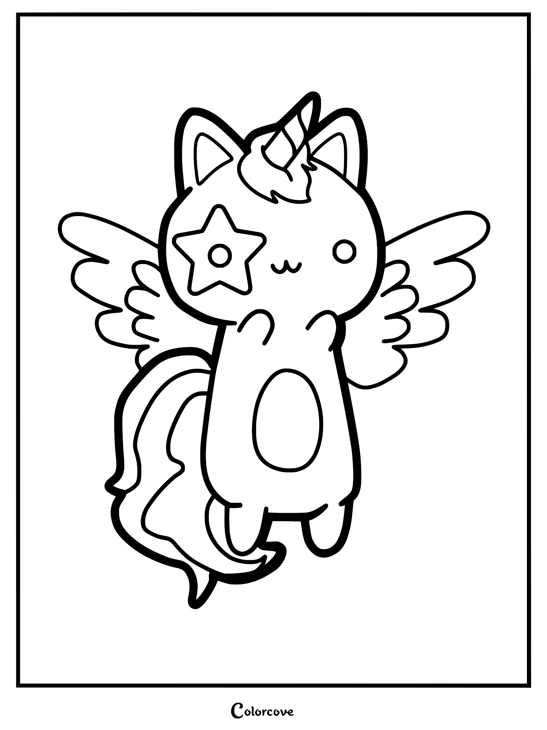 Kawaii winged Caticorn with a star mark on its eye, a small horn, and fluffy tail in this printable line art coloring page.