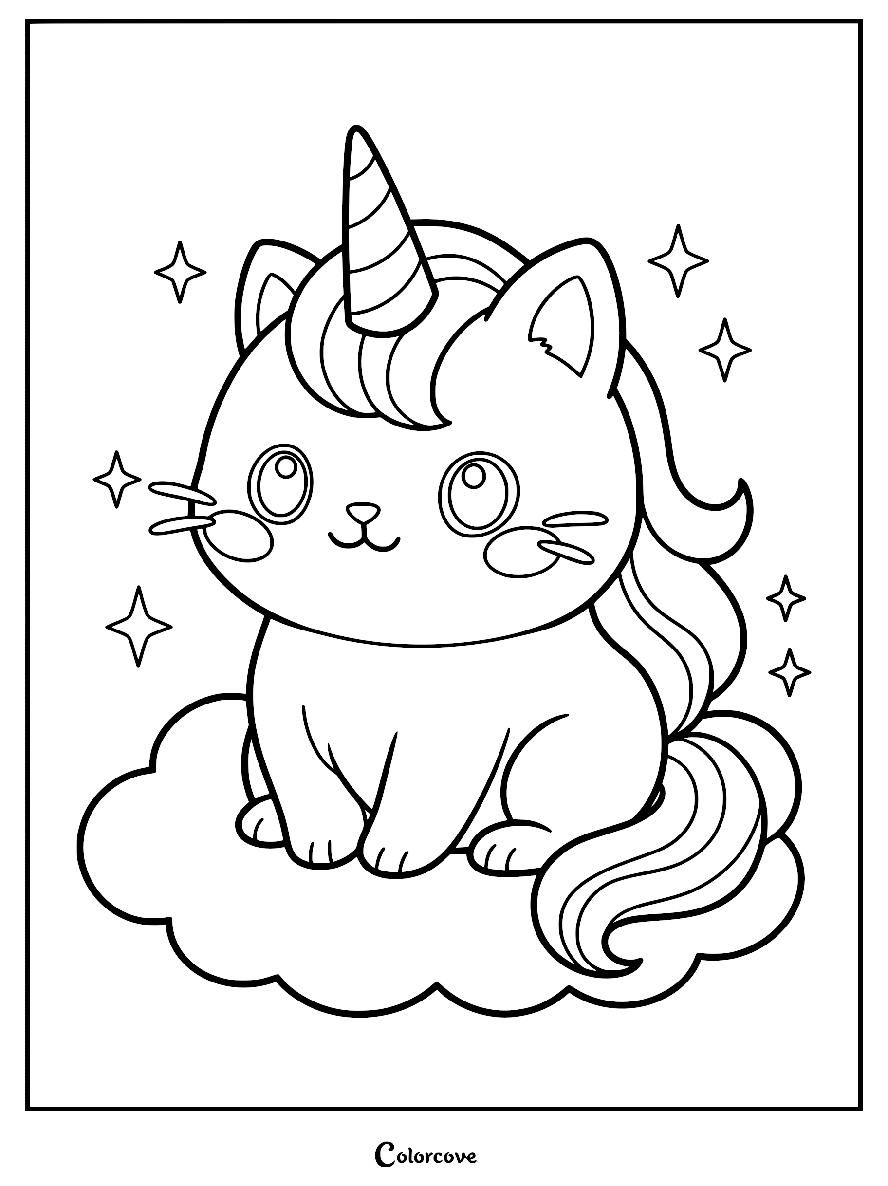 A printable Caticorn coloring page featuring a kawaii cat with a striped unicorn horn, long wavy hair, and a fluffy tail, sitting on a cloud surrounded by four-pointed stars.