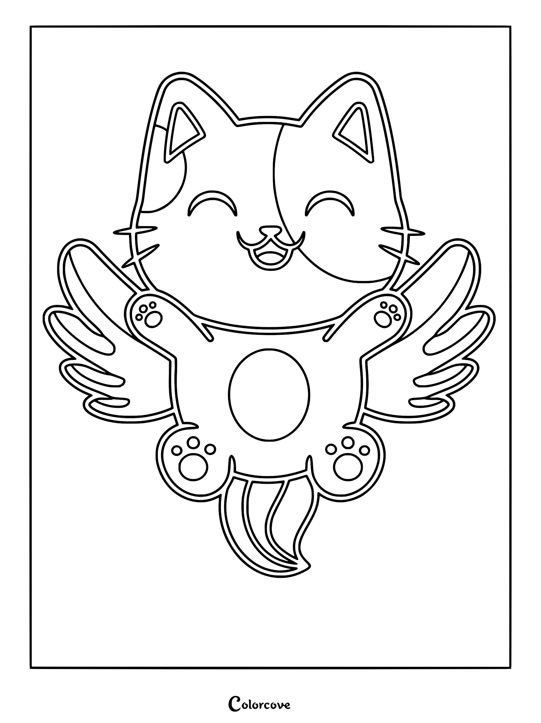 A cute winged Caticorn with a round belly and paw prints on its feet, featured as a simple line art coloring page.