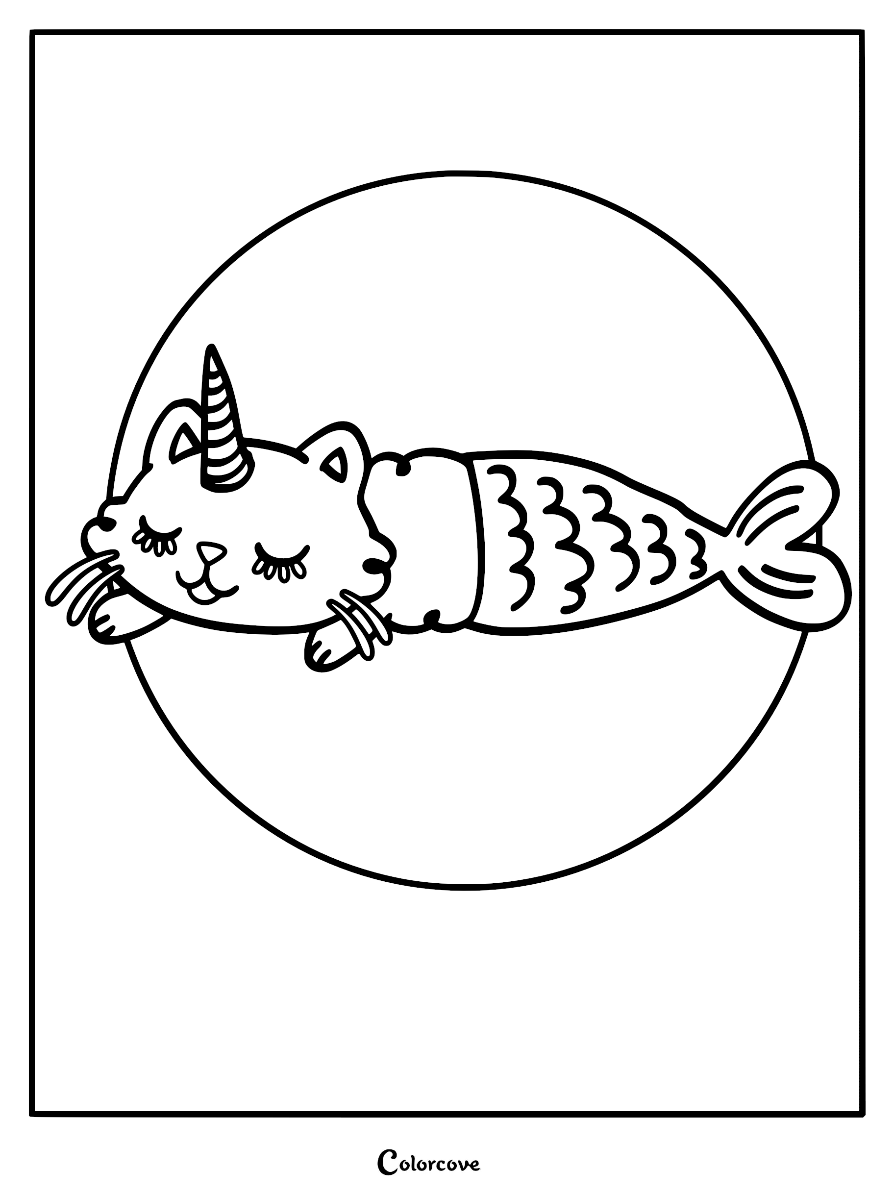 A cute sleeping mermaid caticorn with a unicorn horn and fish tail inside a circle outline on a printable coloring page.