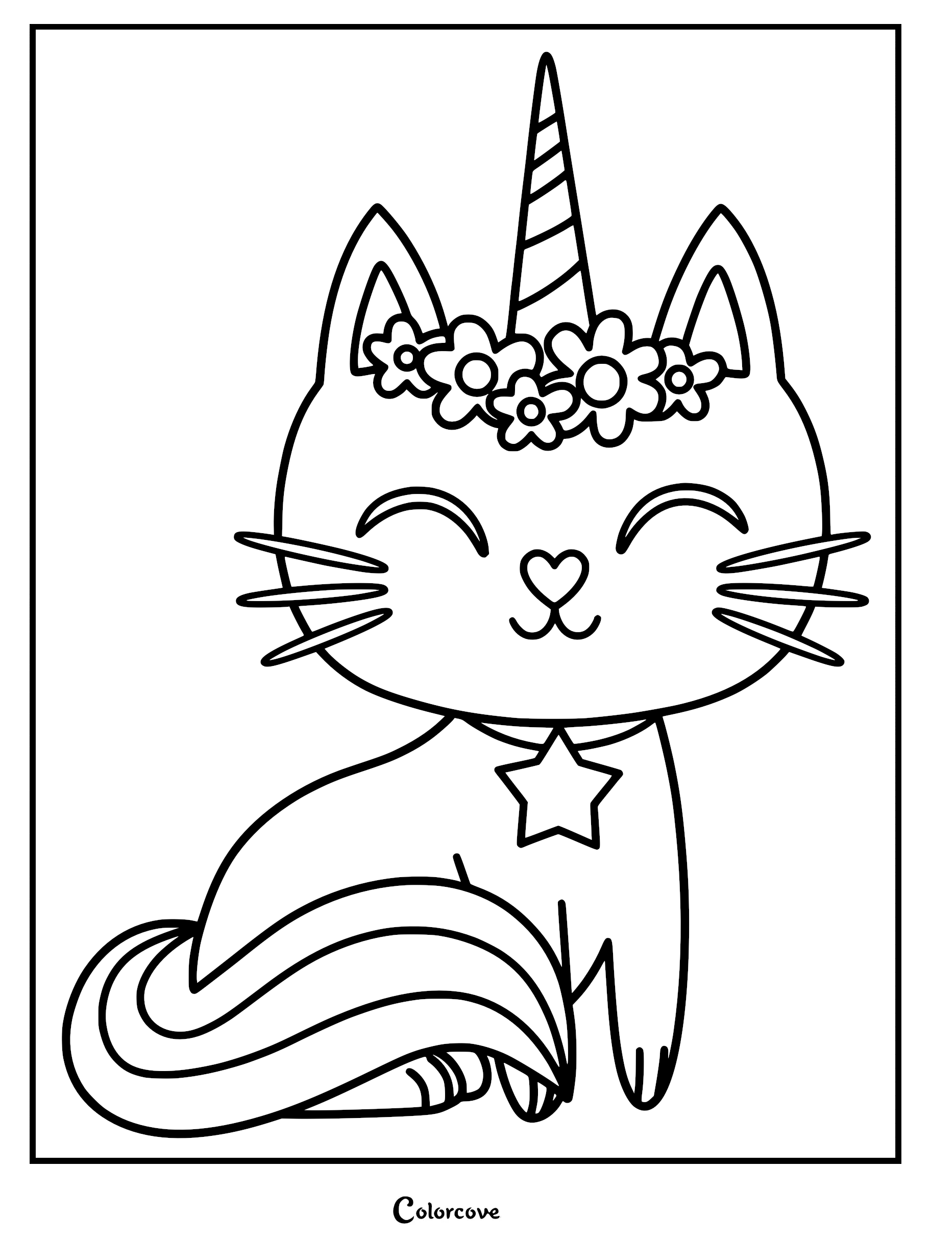 A printable Caticorn coloring page featuring a happy cat with a unicorn horn, flower crown, and star collar charm.