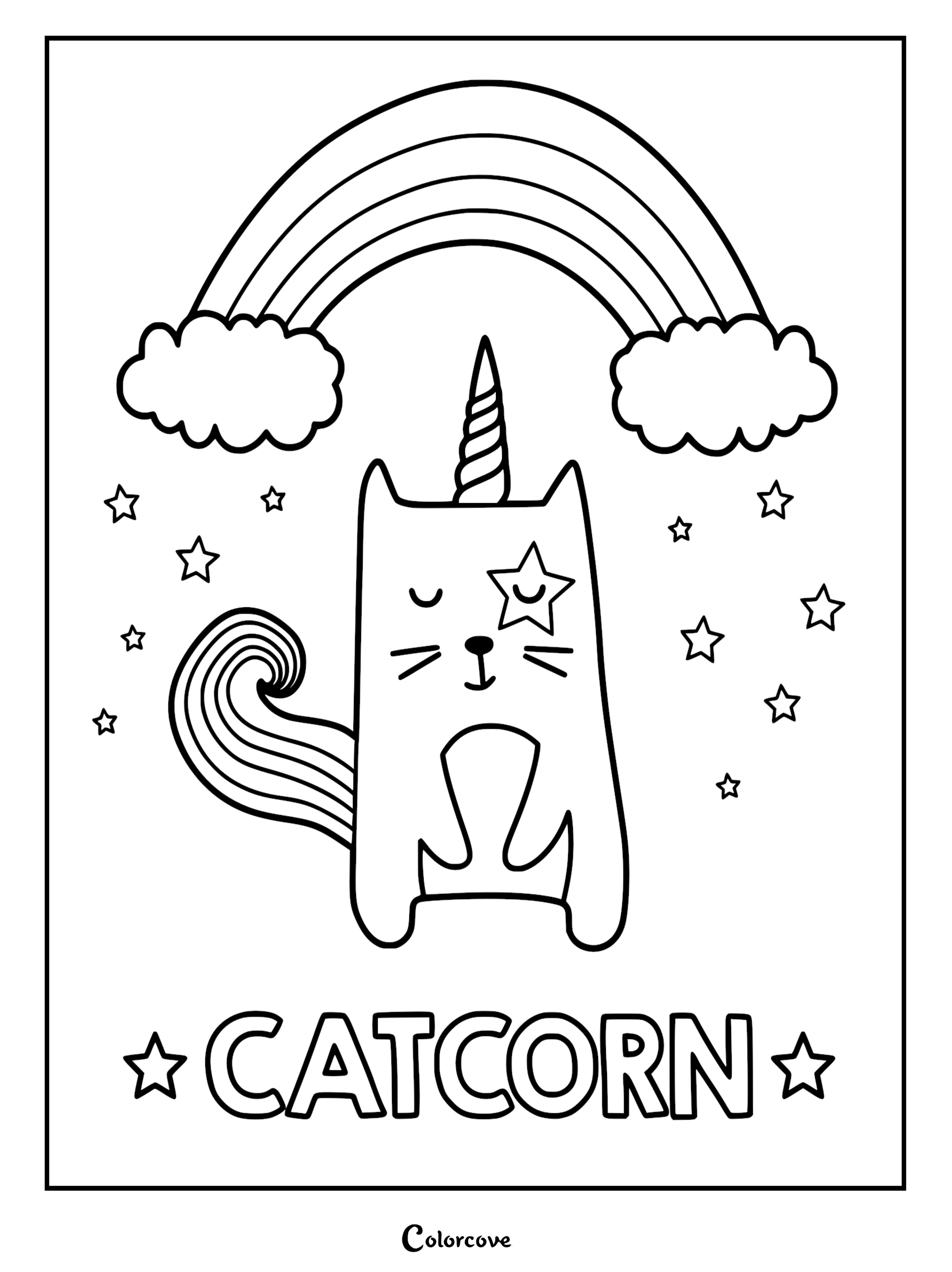 A printable Caticorn coloring page featuring a whimsical cat with a unicorn horn, a star-shaped eye patch, a swirling tail, and a rainbow background with scattered stars.