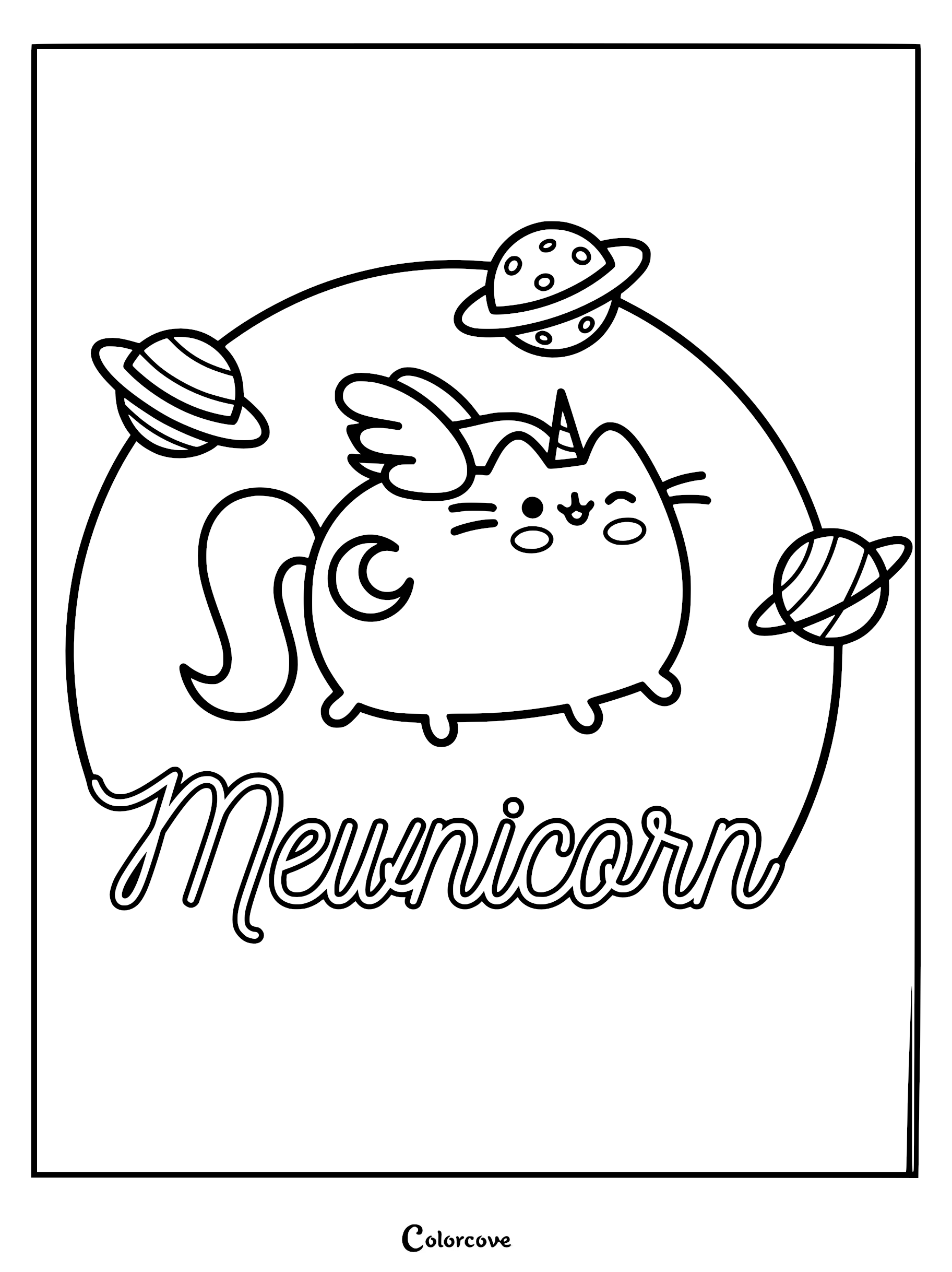 A cute Caticorn with wings and a horn floating in space surrounded by planets, featured on a line art coloring page.