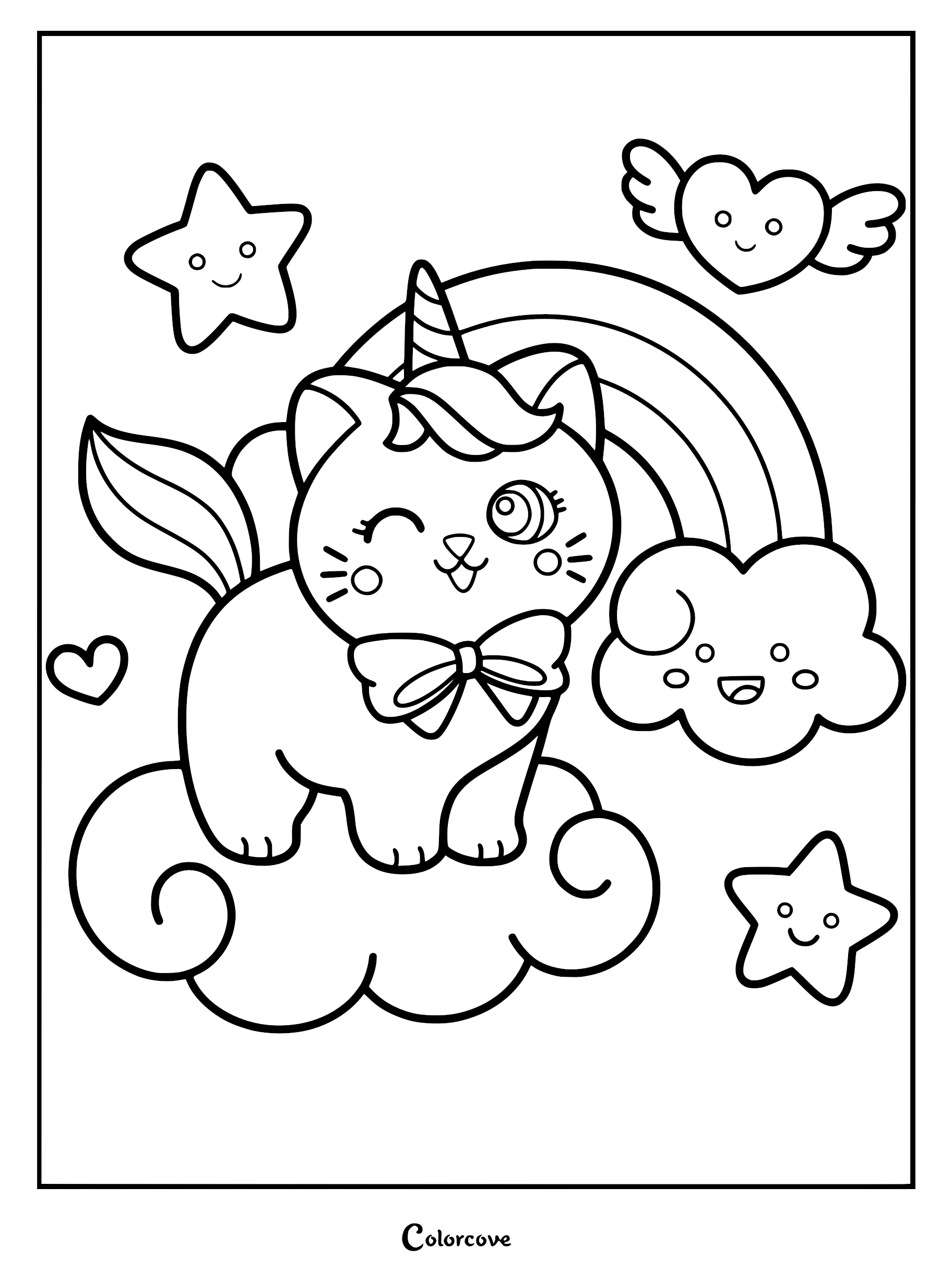 A printable Caticorn coloring page featuring a winking cat with a unicorn horn, wearing a bow tie, standing on a cloud beneath a rainbow, surrounded by smiling stars and a winged heart.