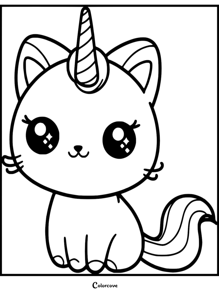 A cute kawaii caticorn coloring page featuring a small cat with a striped unicorn horn, large sparkling eyes, and a curled tail.