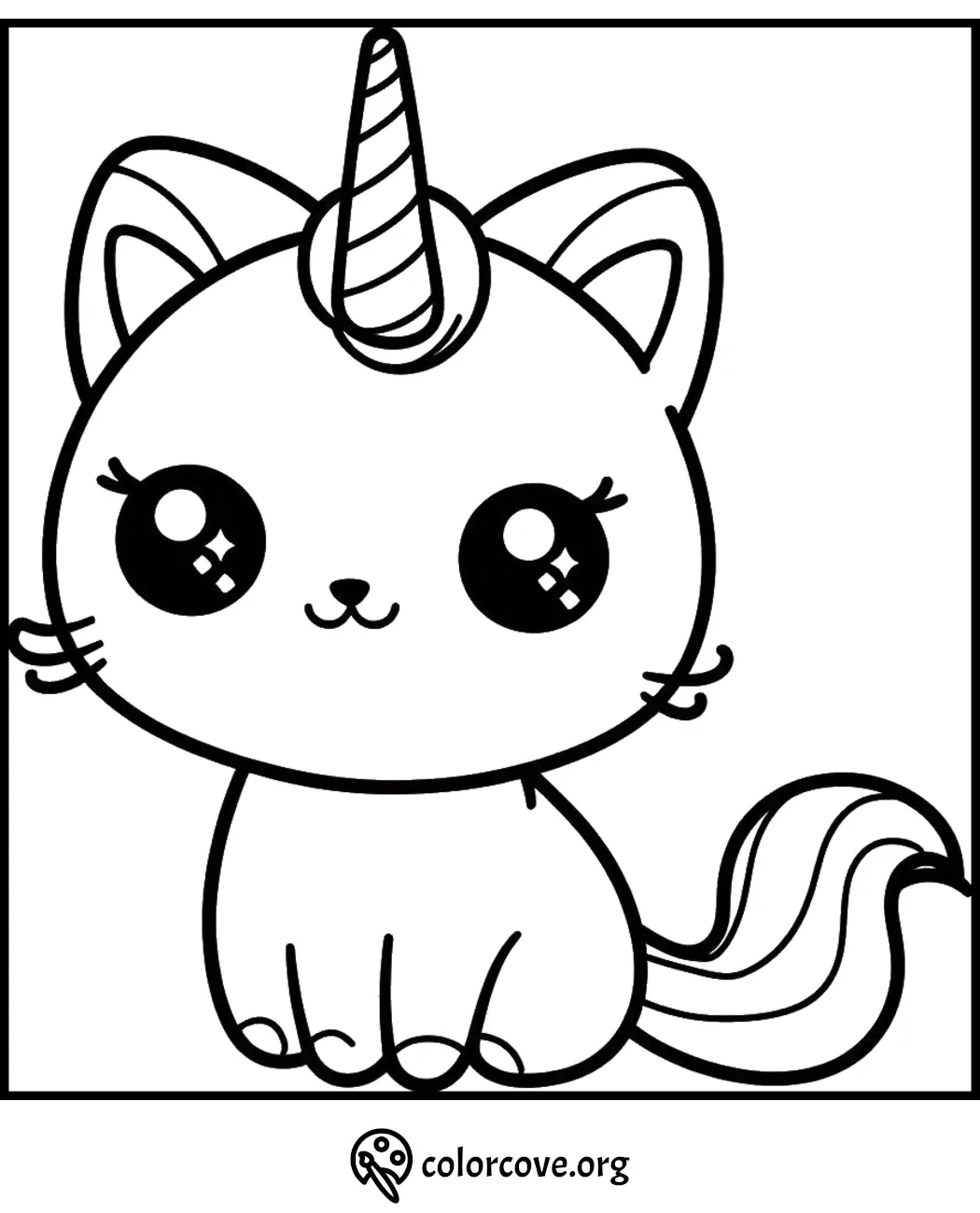 Cute unicorn-cat hybrid coloring page for kids. Printable kawaii unicorn kitty. Coloring fun at colorcove.org.