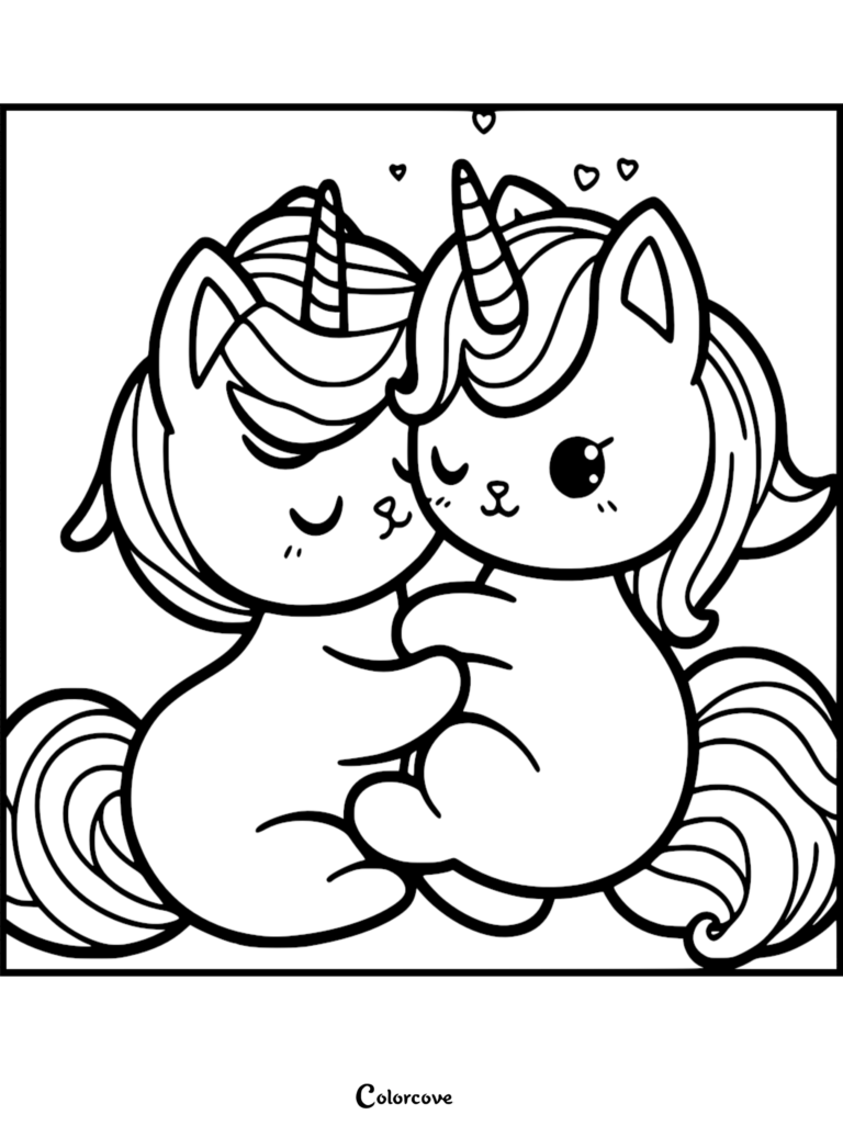 Two adorable caticorns with striped horns hugging each other surrounded by floating hearts in a black and white coloring page.