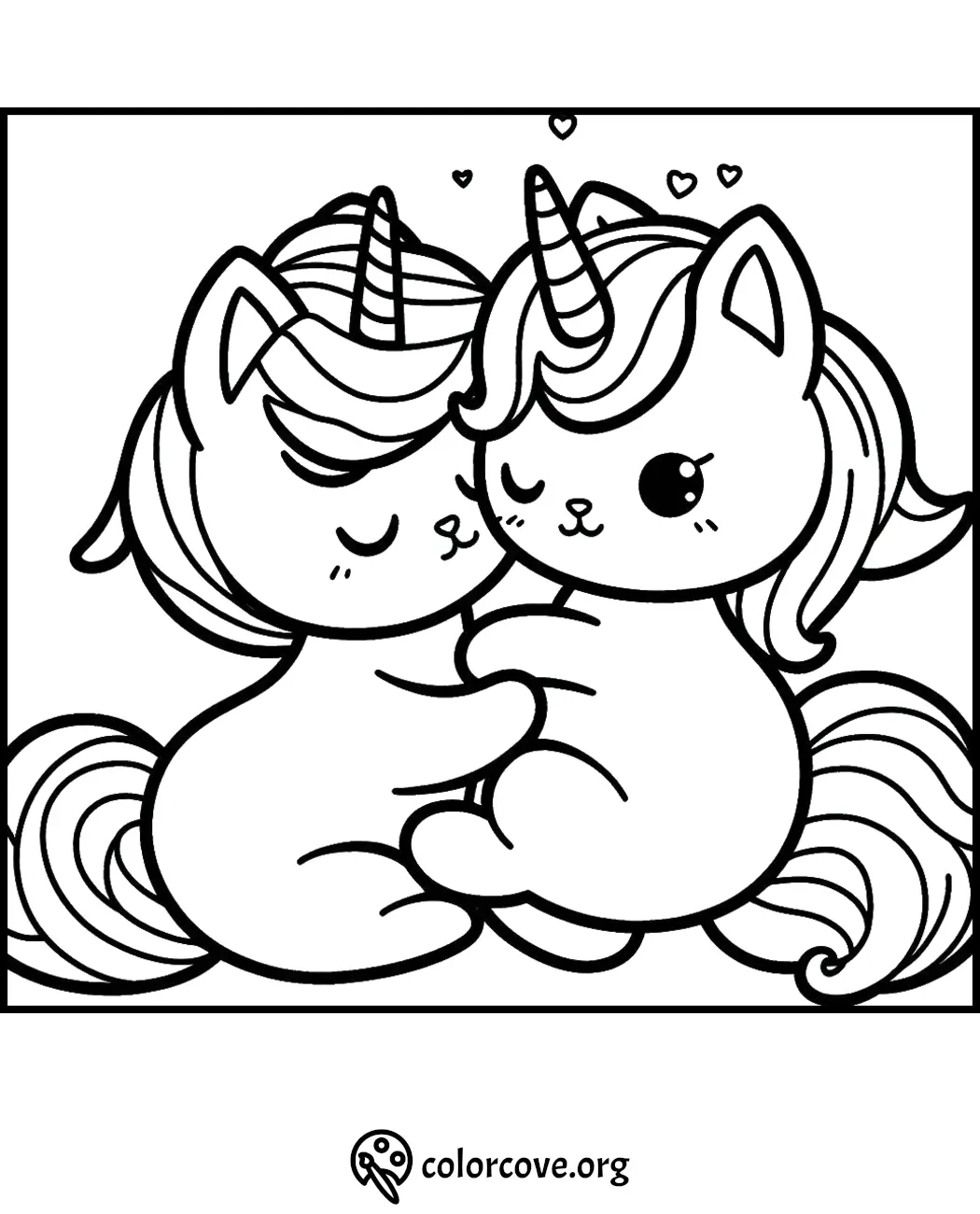 Adorable unicorn kitten coloring page featuring two cuddling kittycorns with heart accents, perfect for kids' creativity.