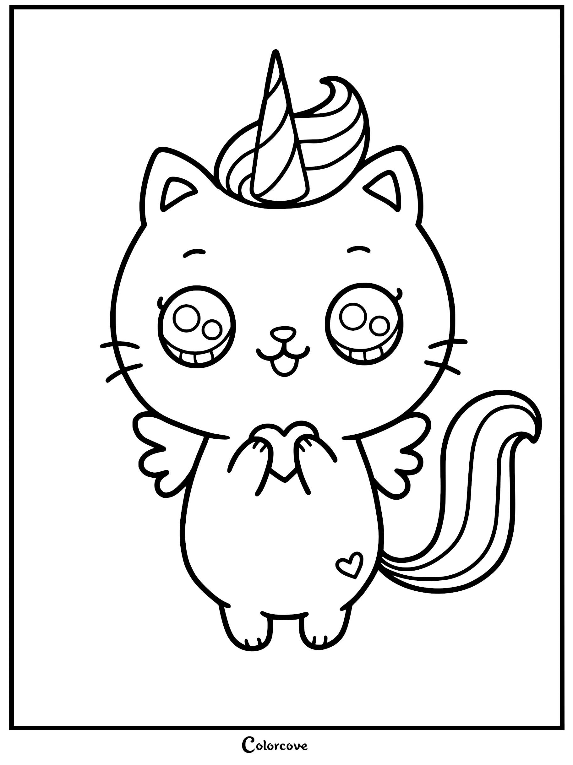A sweet caticorn coloring page featuring a kitten with a unicorn horn, angel wings, and large eyes holding a small heart.