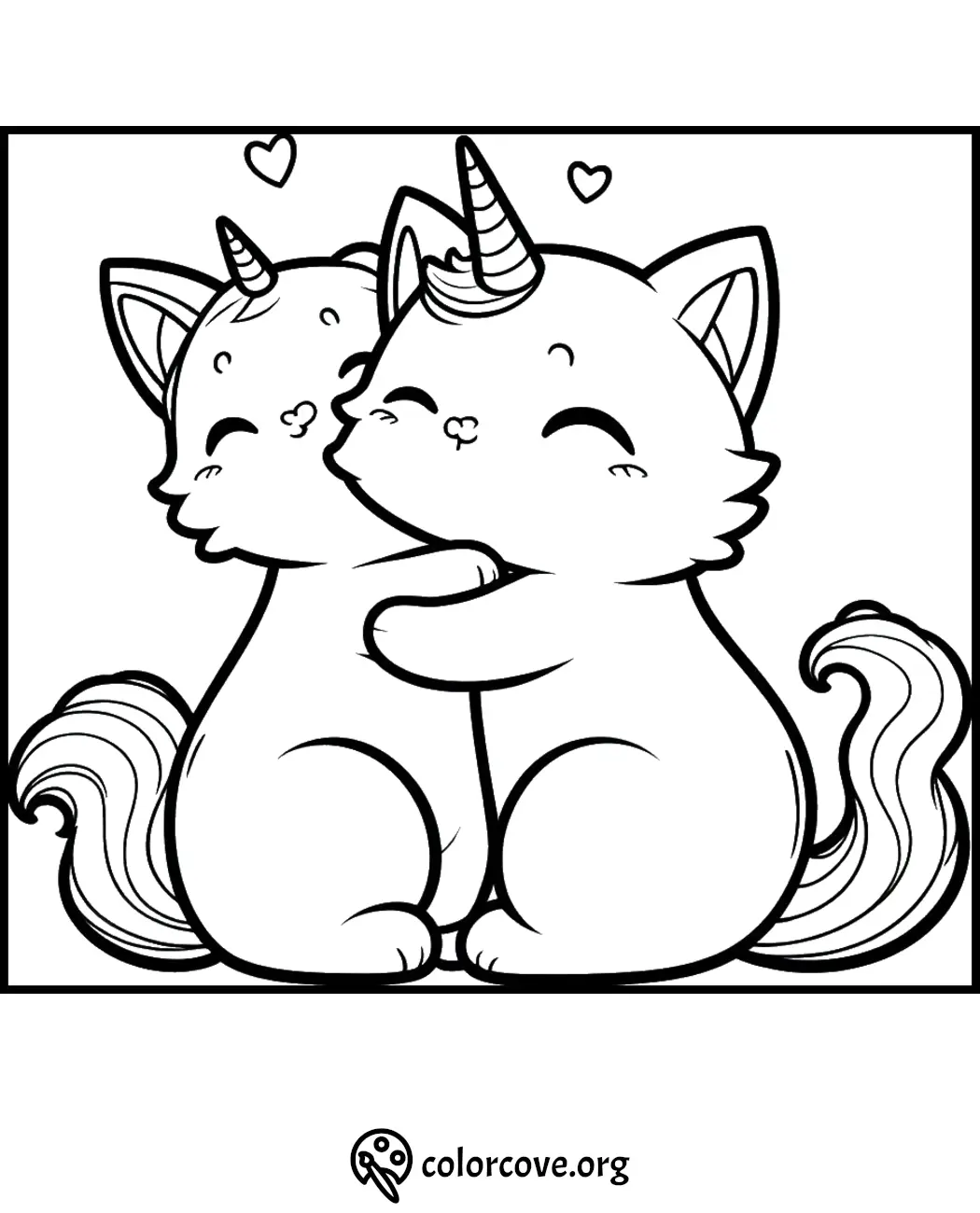 Cute unicorn cats cuddling coloring page for kids and adults with hearts and love. Ideal for relaxation and creativity.