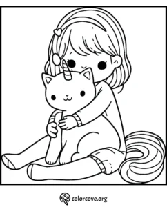 Girl hugging a magical cat unicorn with a heart hair clip, perfect for kids' coloring fun. Download at colorcove.org.