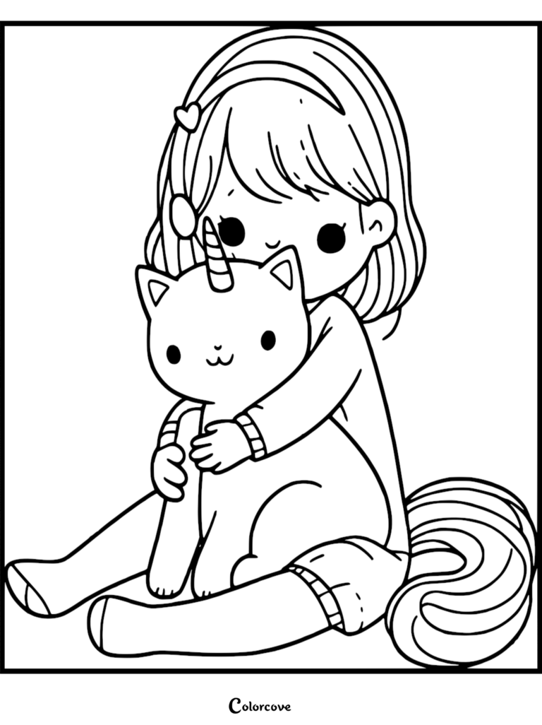 Chibi girl with a heart headband hugging an adorable caticorn, printable coloring page featuring thick line art.