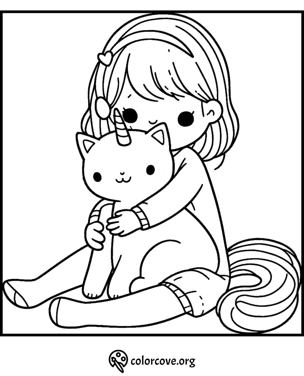 Girl hugging a magical cat unicorn with a heart hair clip, perfect for kids' coloring fun. Download at colorcove.org.