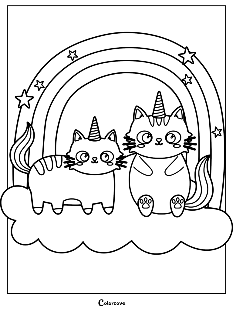 Two adorable striped Caticorns with striped unicorn horns standing on a fluffy cloud under a rainbow with scattered stars, a printable line art coloring page.