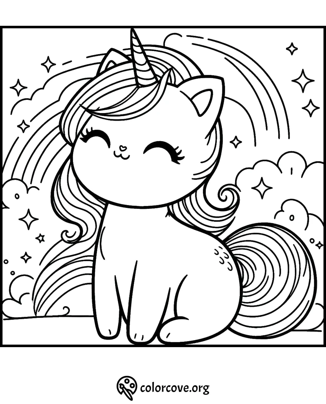 Cute unicorn cat coloring page with rainbows and stars, perfect for kids to color and enjoy. From ColorCove.org.