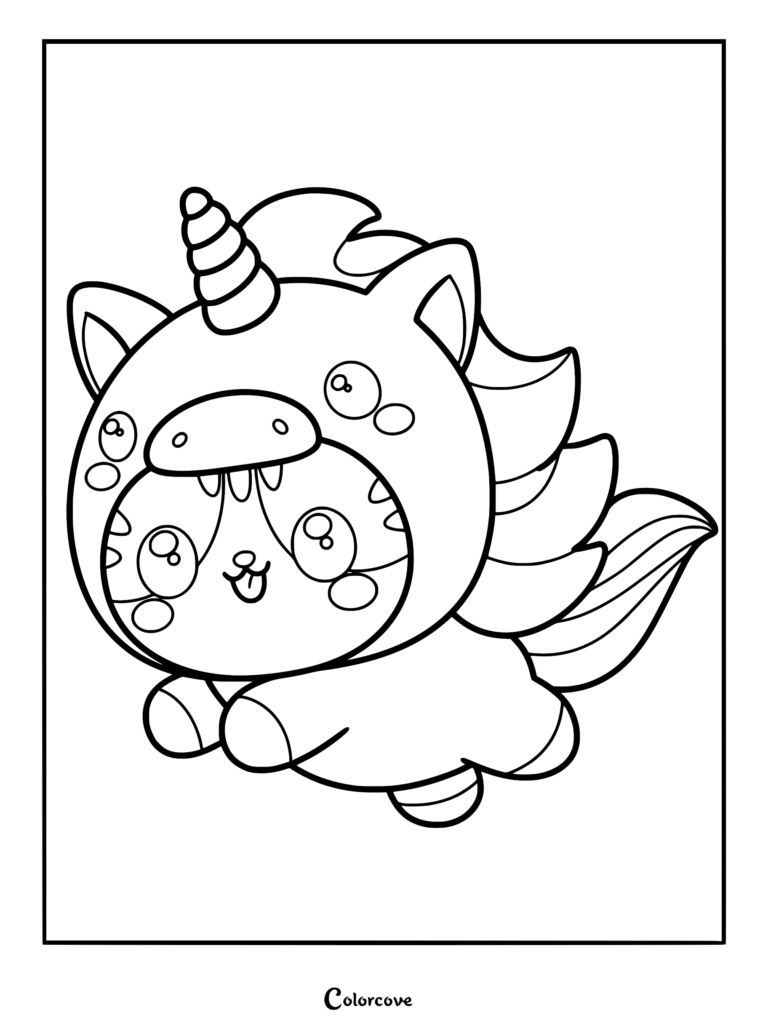 A adorable kawaii Caticorn wearing a unicorn hood with a spiral horn, featuring big expressive eyes and a playful tongue, presented as a high-quality line art coloring page.