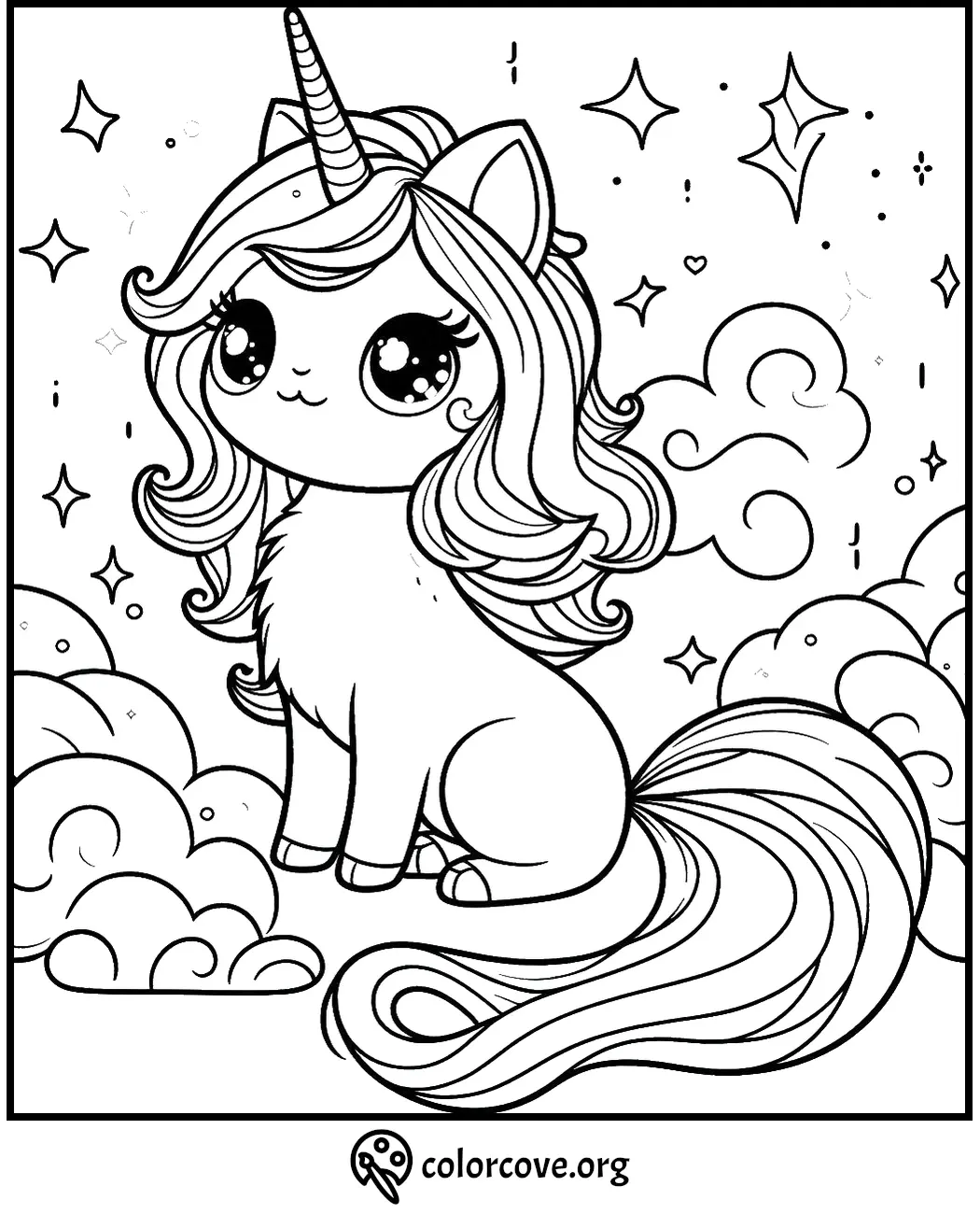 Coloring page of a cute, wide-eyed unicorn cat with a long tail, sitting on clouds surrounded by stars and sparkles.